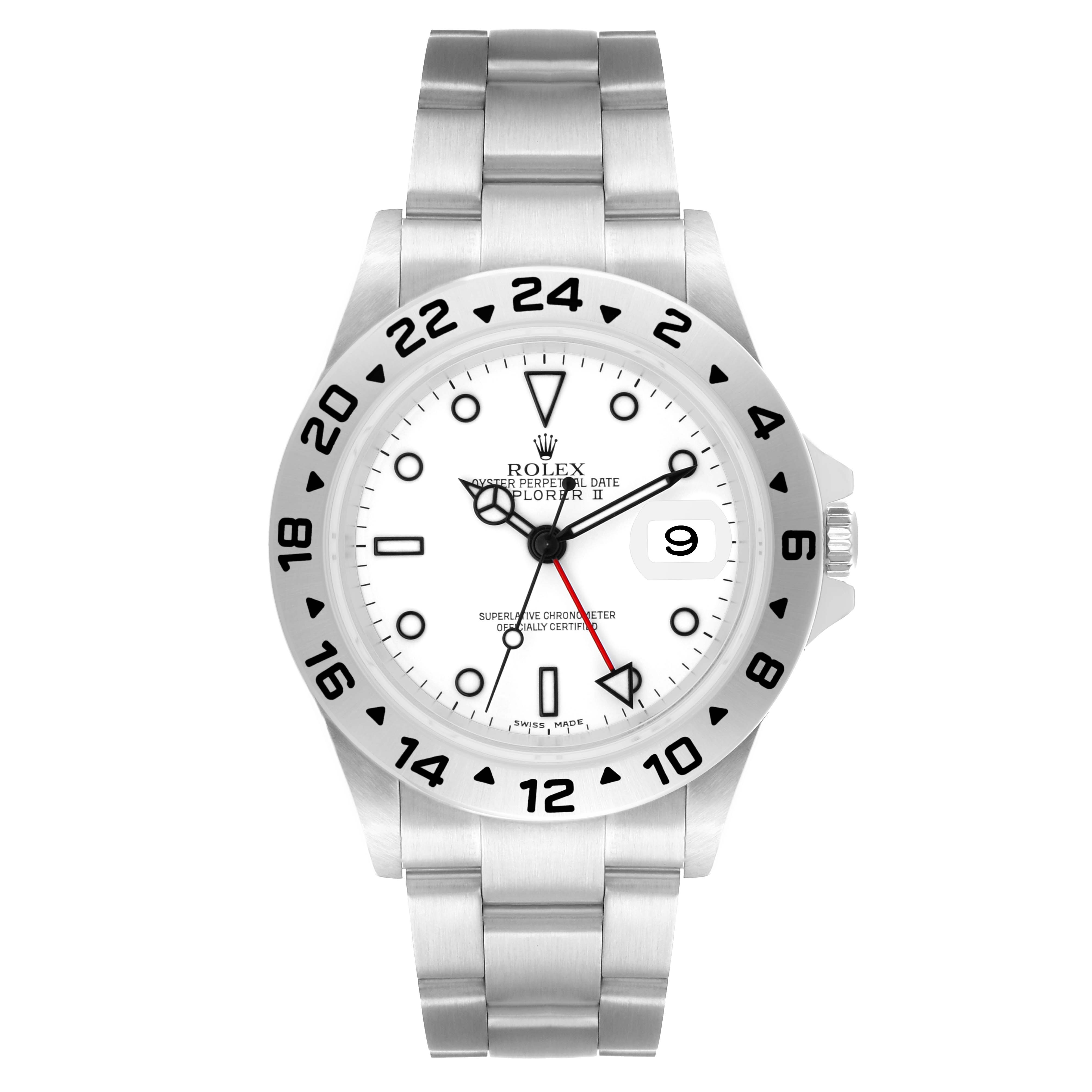 The Rolex Explorer 16570 Men
s Stainless Steel White Dial watch is shown from a front angle, displaying the dial, bezel, and bracelet.