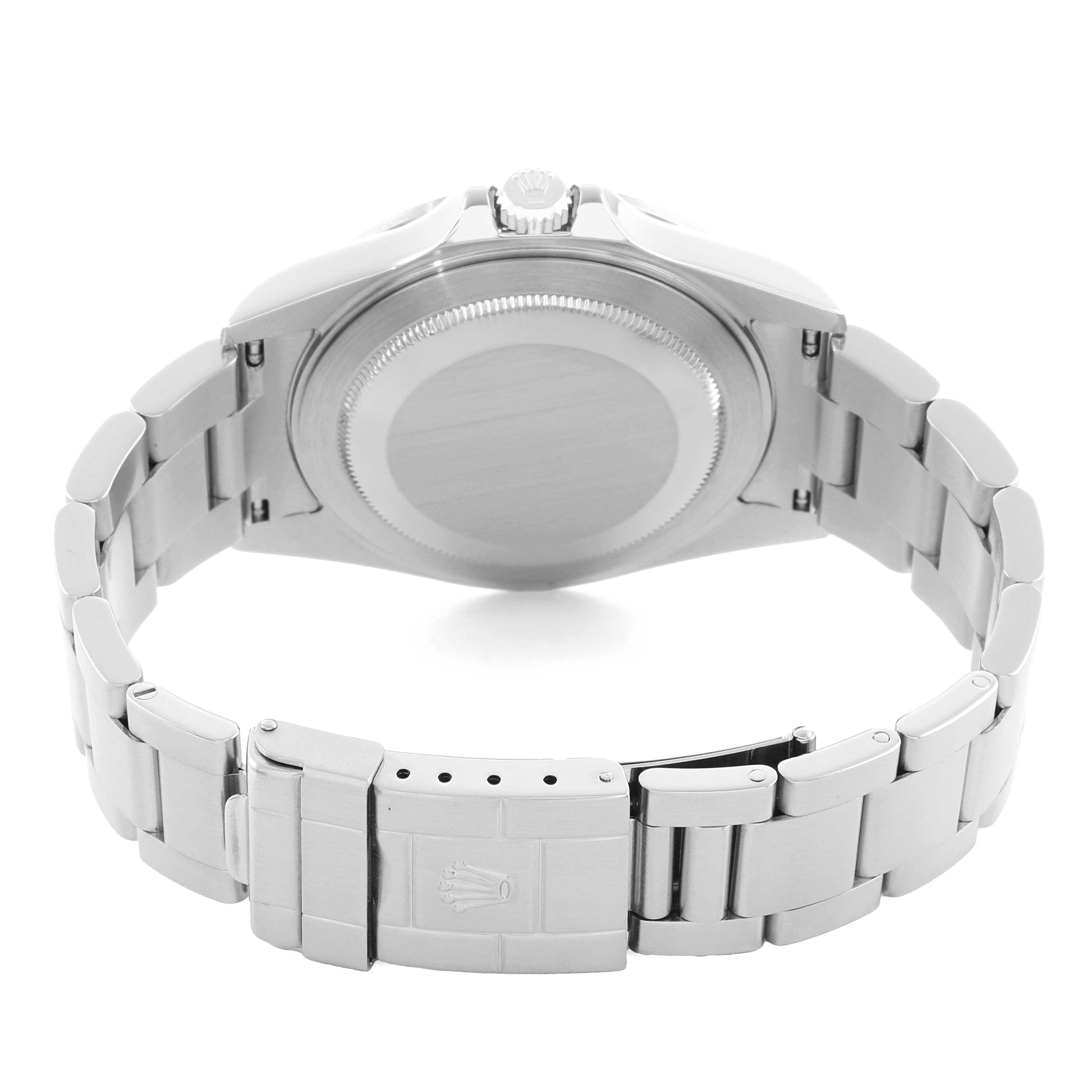 The image shows the back view of a Rolex Explorer 16570 Men
s Stainless Steel White Dial watch, highlighting the case back, crown, and bracelet clasp.