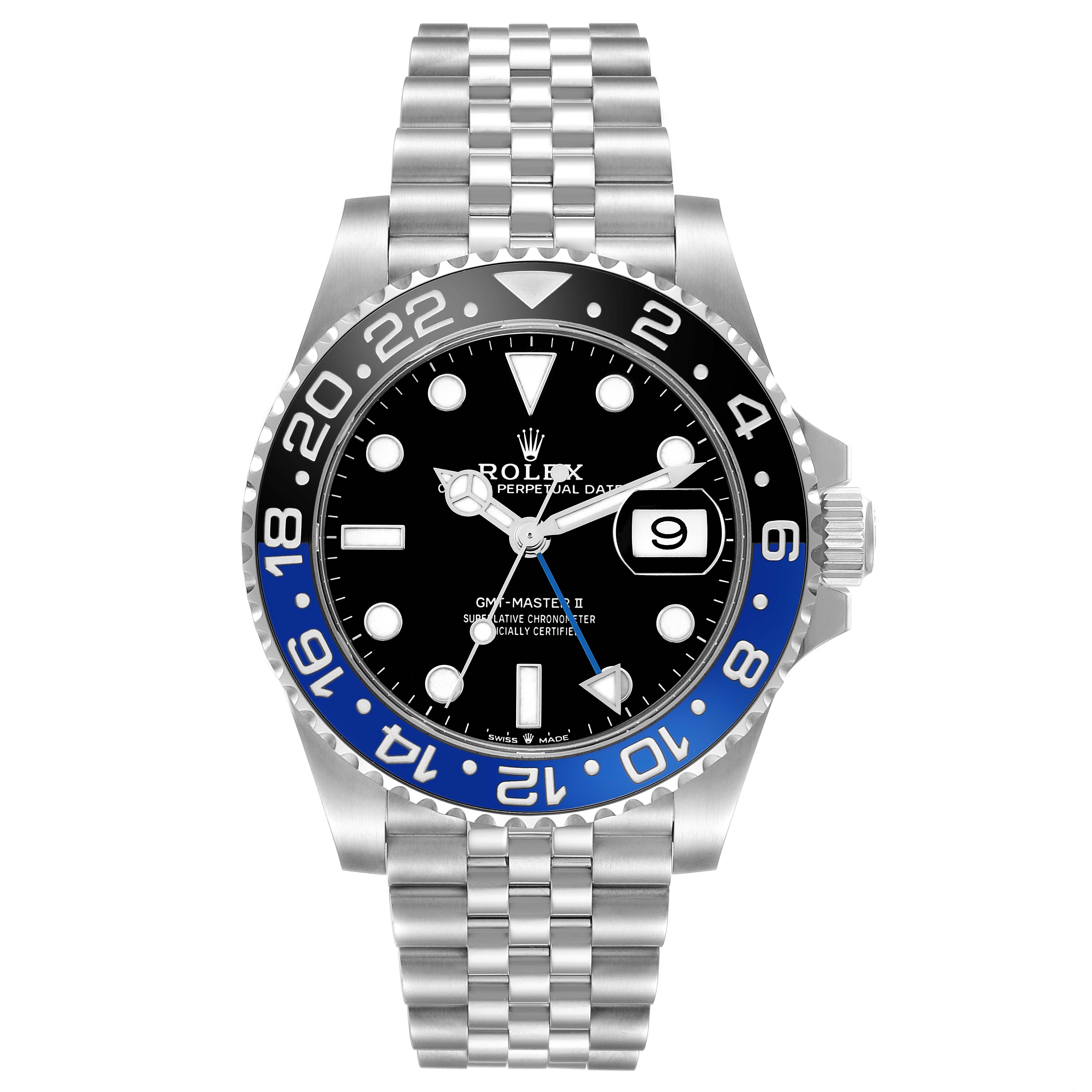 The Rolex GMT-Master 126710 Men
s Stainless Steel Black Dial watch is shown from a front angle, displaying the dial, bezel, and bracelet clearly.