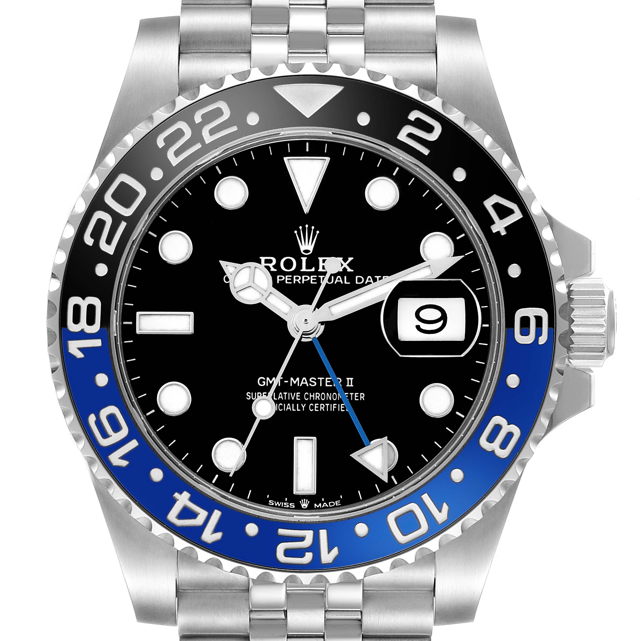 The Rolex GMT-Master 126710 Men
s Stainless Steel Black Dial watch is shown from a front view, displaying the dial, bezel, crown, and part of the bracelet.