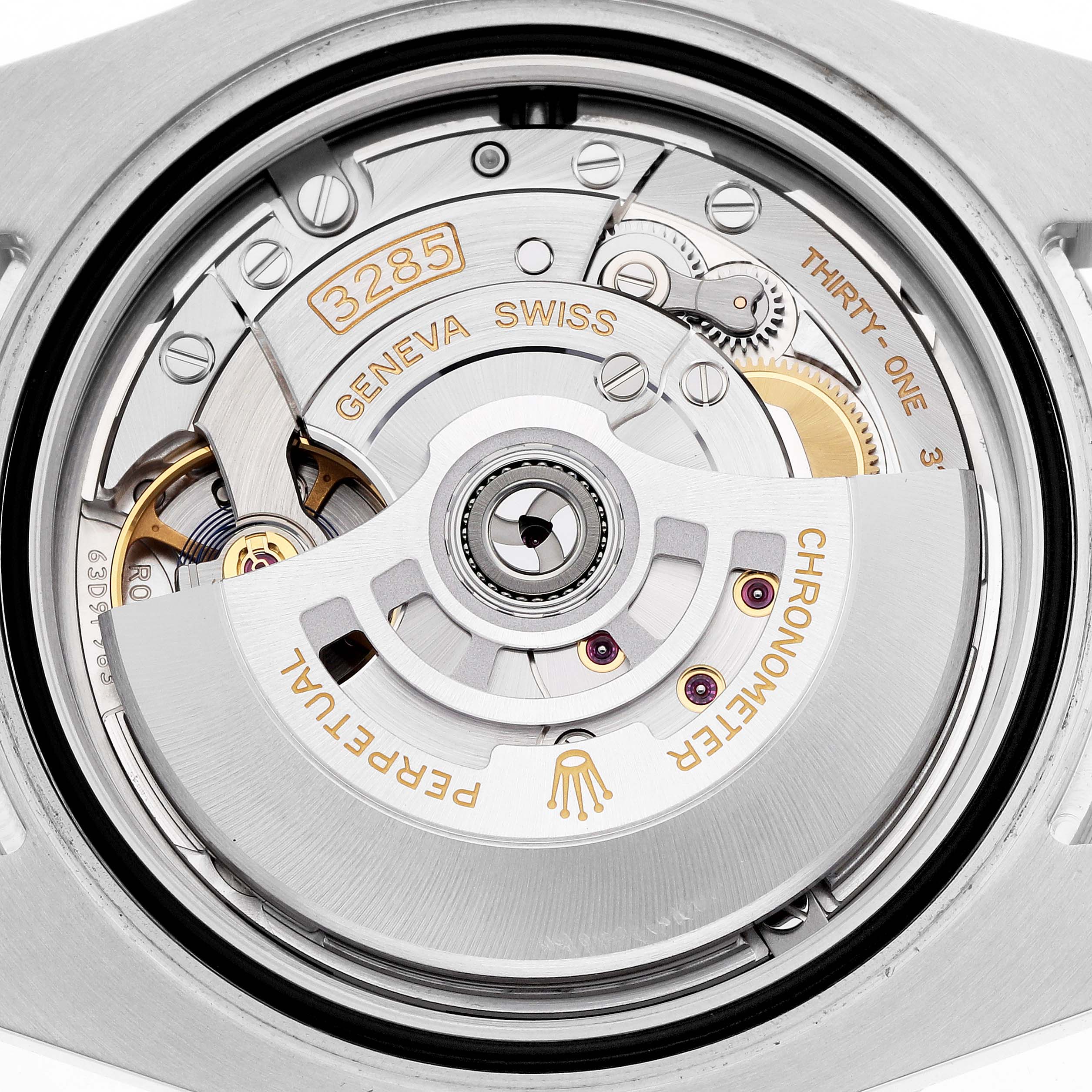 This image shows the movement of a Rolex GMT-Master 126710 Men
s Stainless Steel Black Dial watch, highlighting internal mechanical components and the rotor.