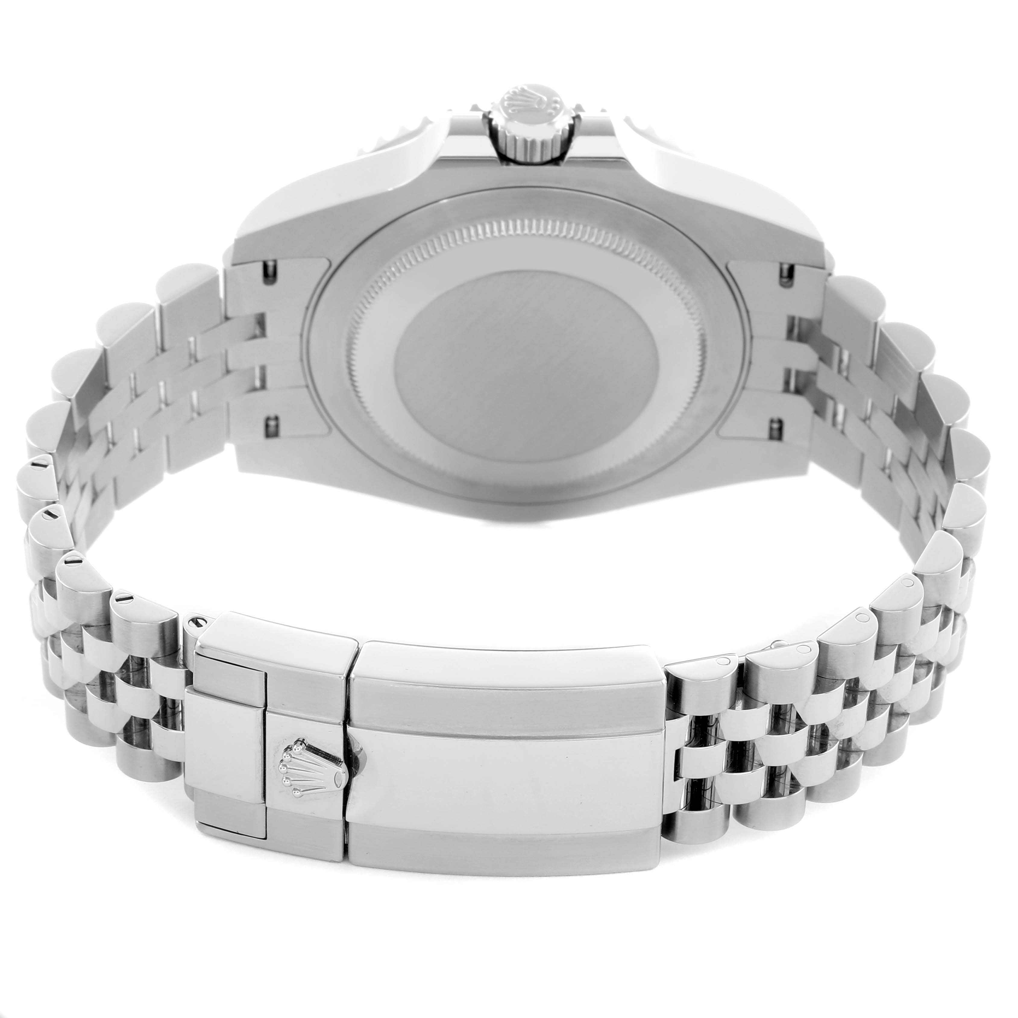 This image shows the back case and bracelet of a Rolex GMT-Master 126710 Men
s Stainless Steel Black Dial, viewed from the rear angle.