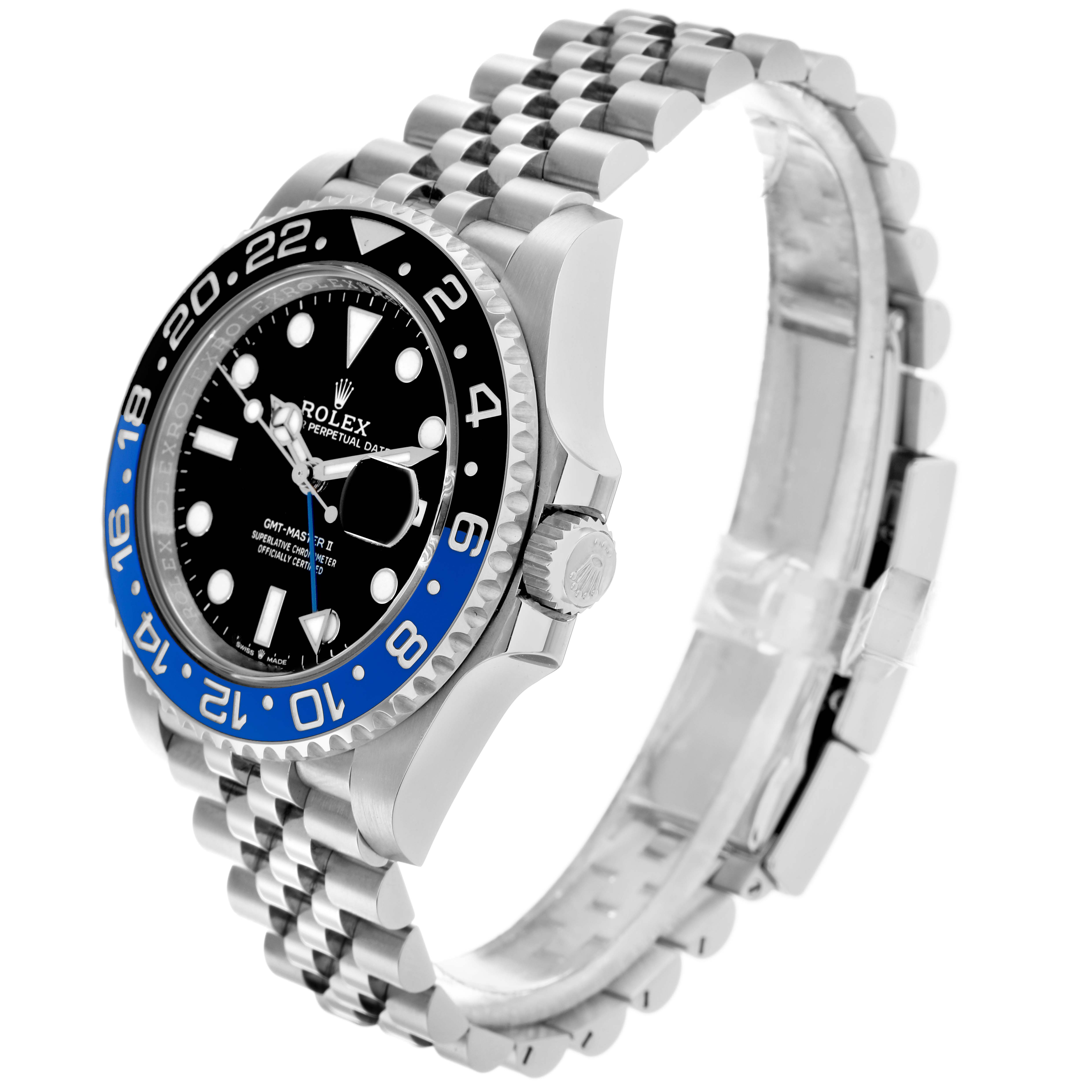 The Rolex GMT-Master 126710 Men
s Stainless Steel Black Dial watch is shown at a side angle, highlighting the bezel, crown, dial, and bracelet.