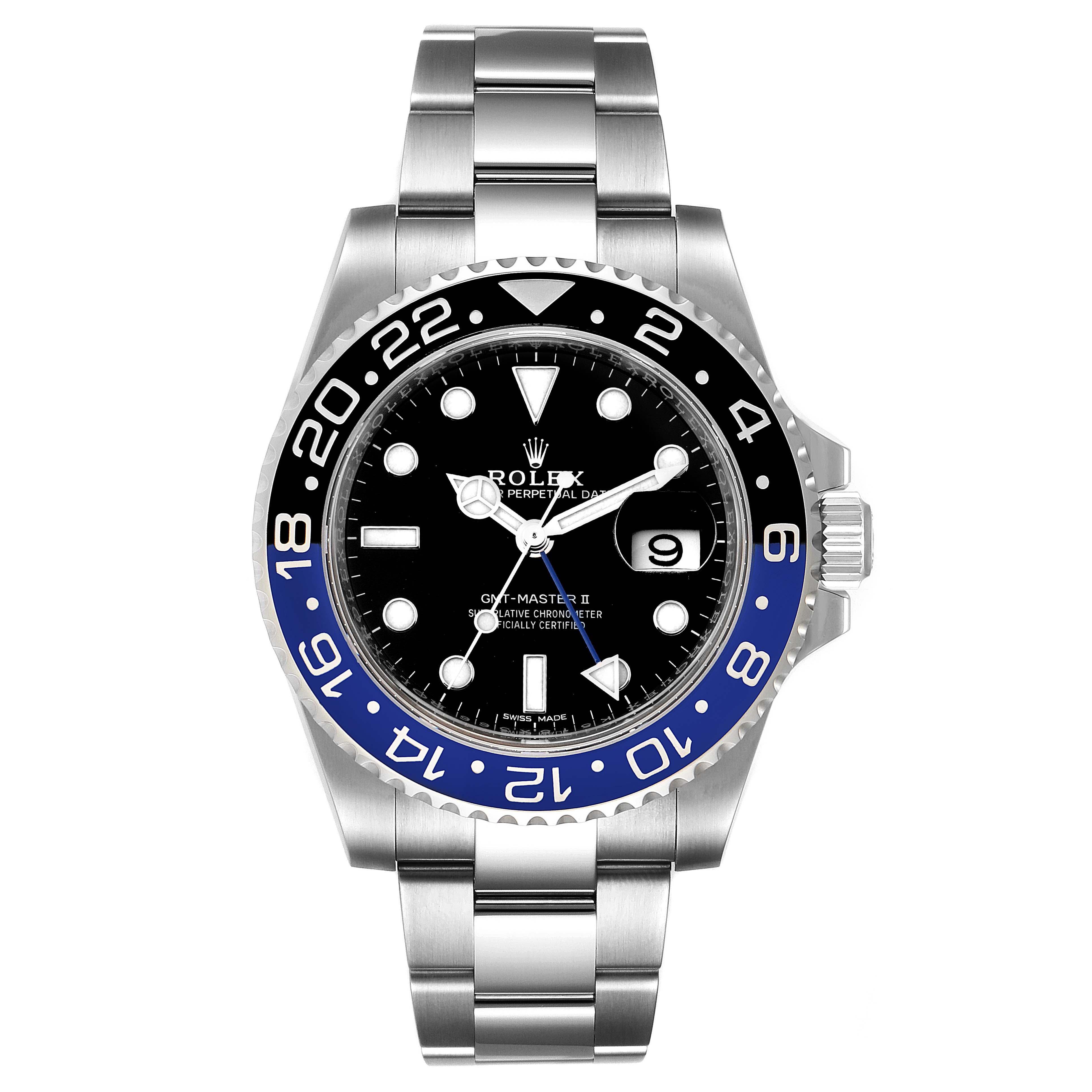This image shows a front view of a Rolex GMT-Master 116710 Men
s Stainless Steel Black Dial 116710 Men
s Stainless Steel Black Dial watch, highlighting its bezel, dial, and bracelet.