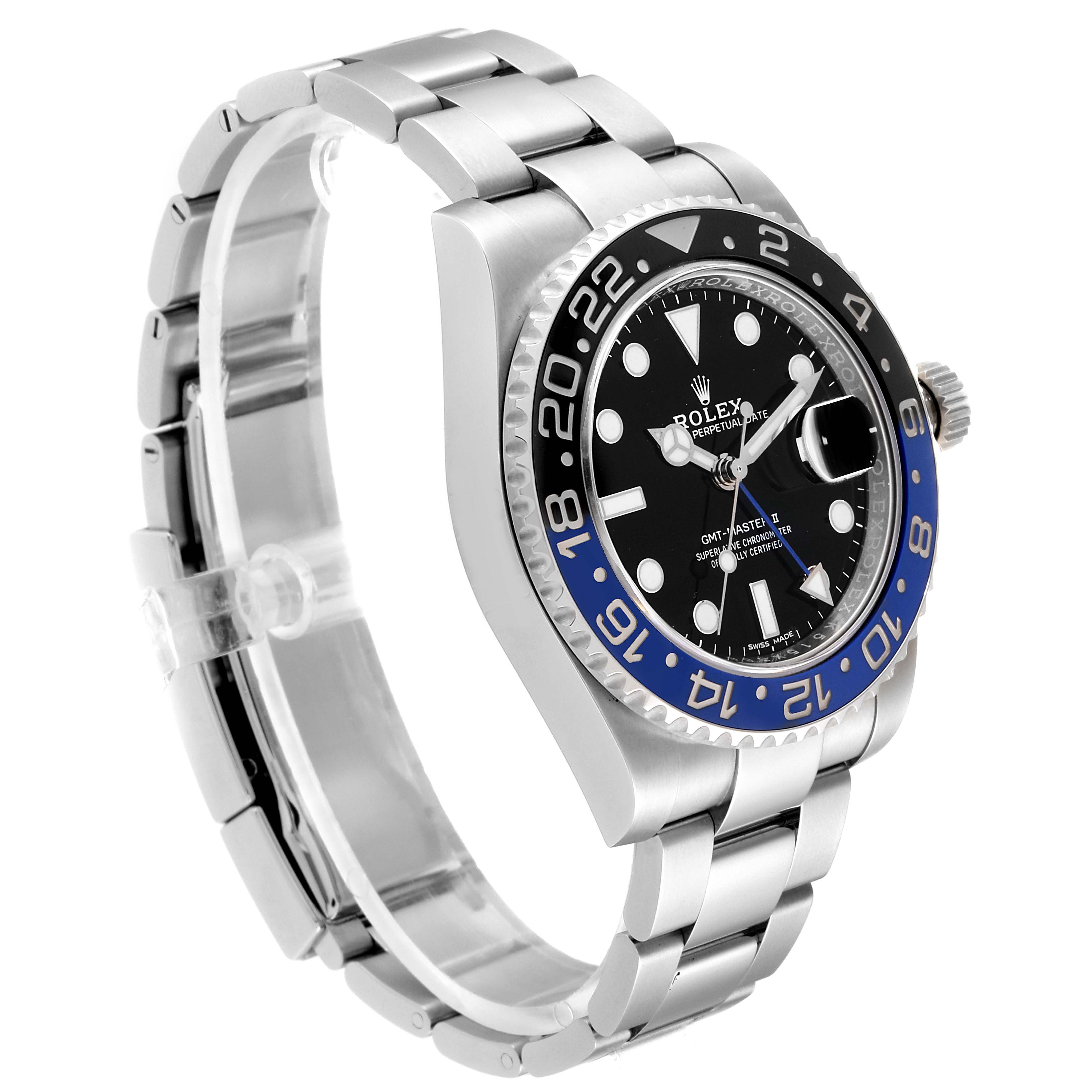 The image shows a side angle of the Rolex GMT-Master 116710 Men
s Stainless Steel Black Dial 116710 Men
s Stainless Steel Black Dial watch, highlighting the bezel, face, band, and crown.