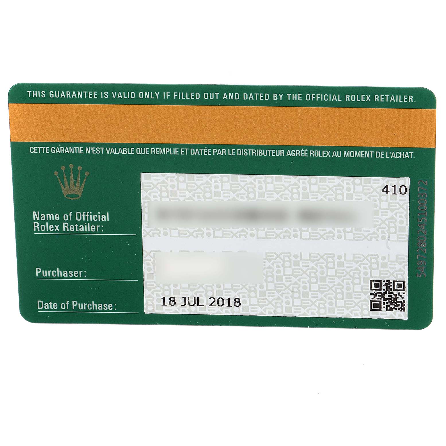 The image shows the warranty card for a Rolex GMT-Master 116710 Men
s Stainless Steel Black Dial 116710 Men
s Stainless Steel Black Dial watch, including purchase date and retailer information.