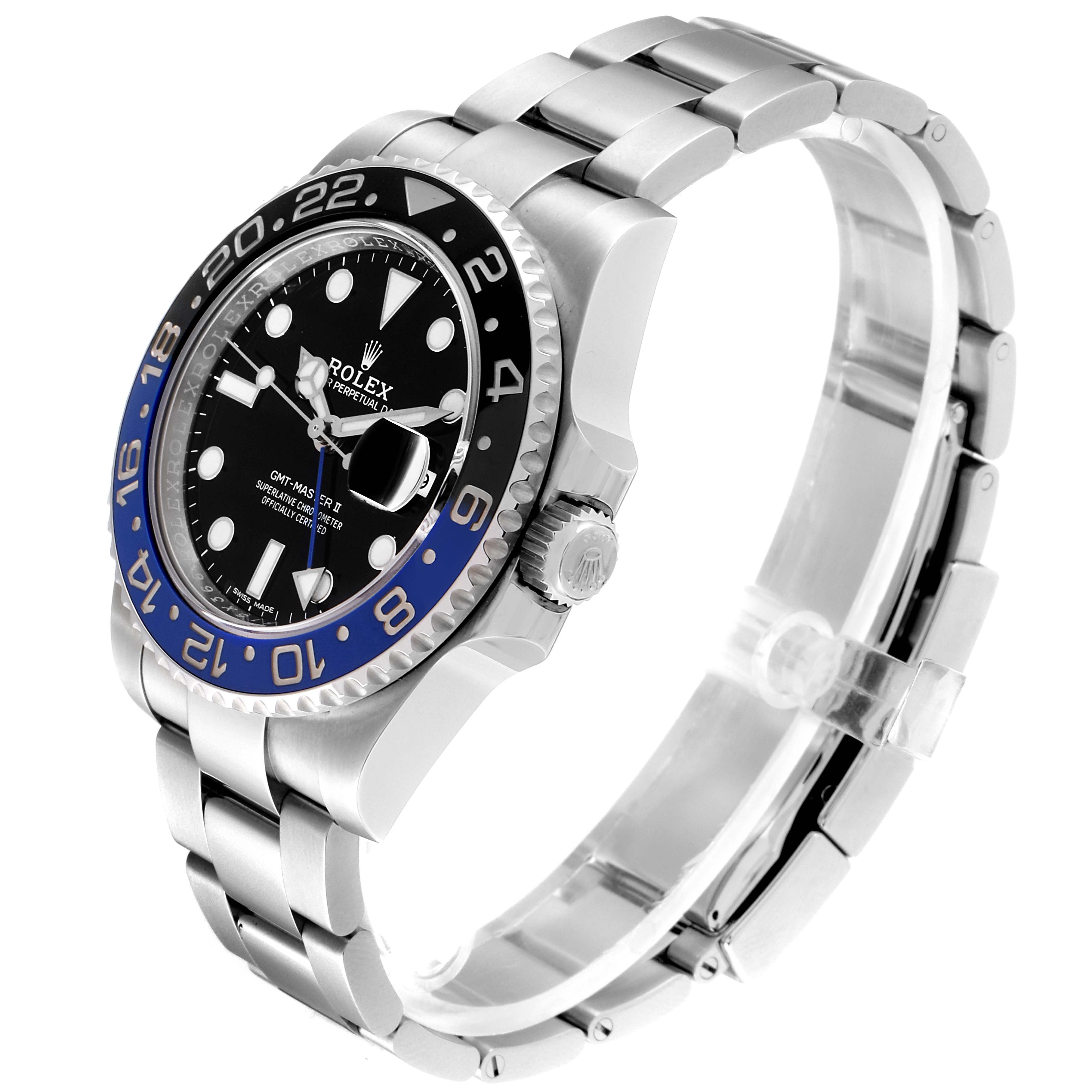 This image shows a side and slightly top view angle of the Rolex GMT-Master 116710 Men
s Stainless Steel Black Dial 116710 Men
s Stainless Steel Black Dial watch, highlighting the bezel, crown, and bracelet.