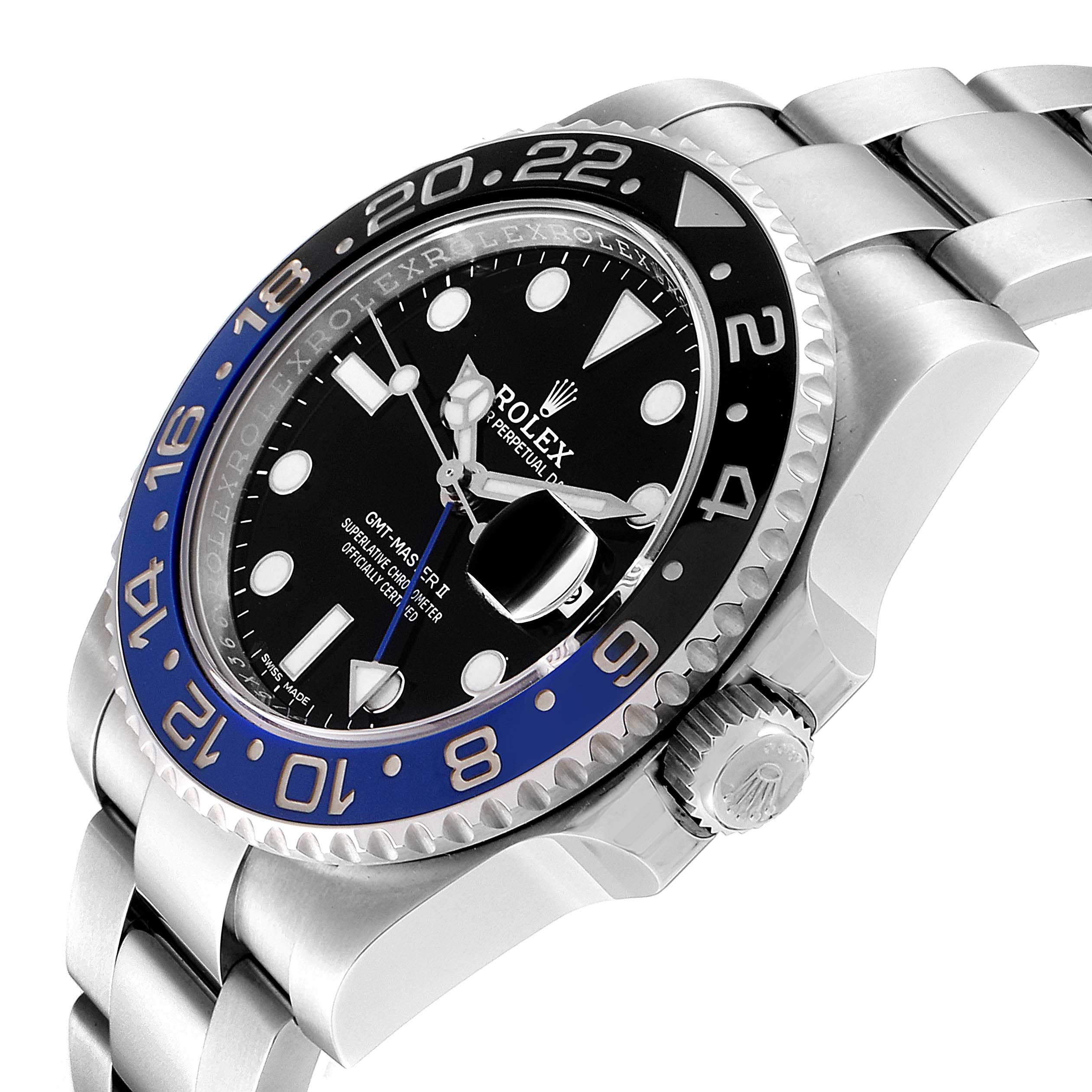 This image shows a Rolex GMT-Master 116710 Men
s Stainless Steel Black Dial 116710 Men
s Stainless Steel Black Dial watch angled to display the bezel, dial, case, and bracelet.