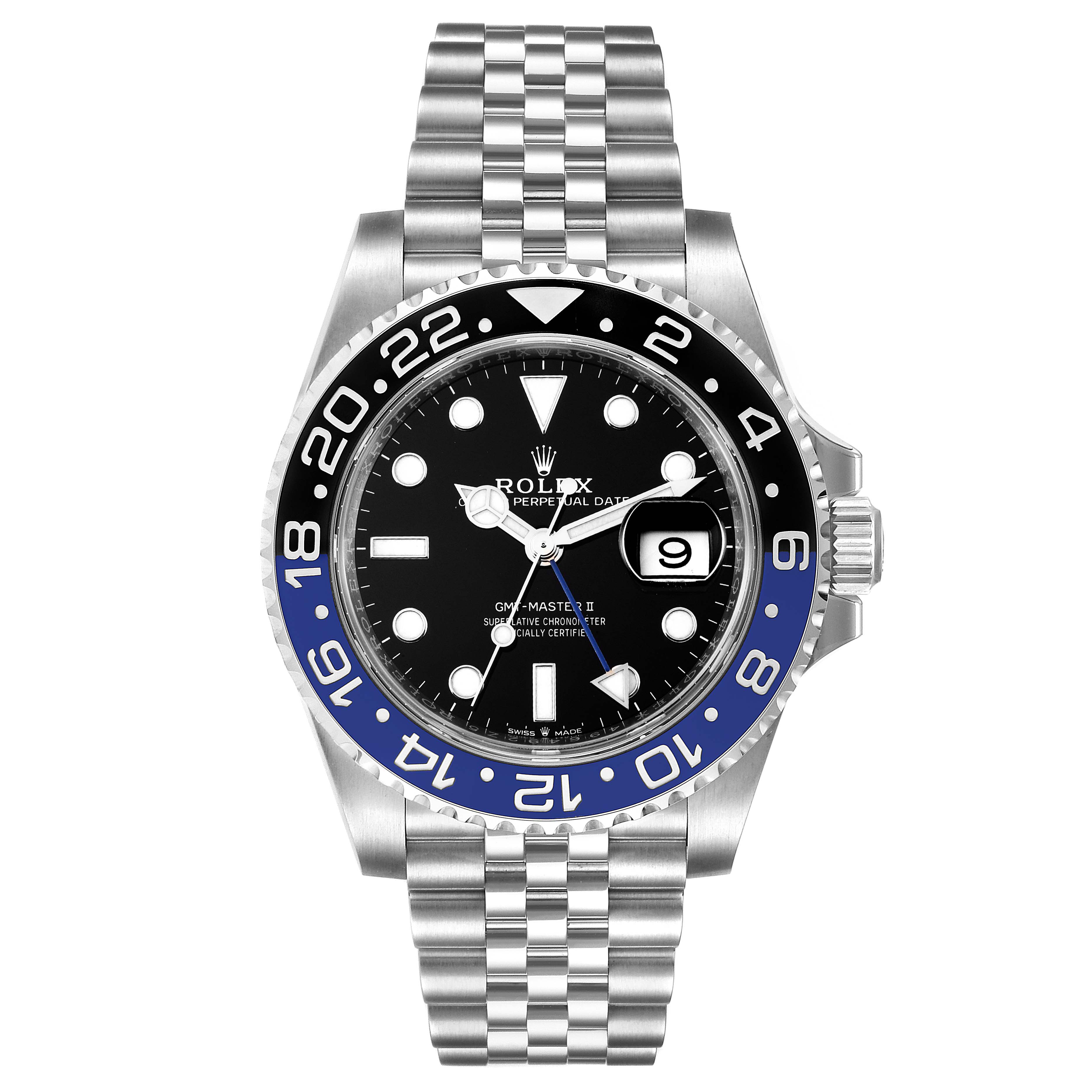 The image shows a front view of a Rolex GMT-Master 126710 Men
s Stainless Steel Black Dial 126710 Men
s Stainless Steel Black Dial II watch, featuring a black and blue bezel and a stainless steel bracelet.