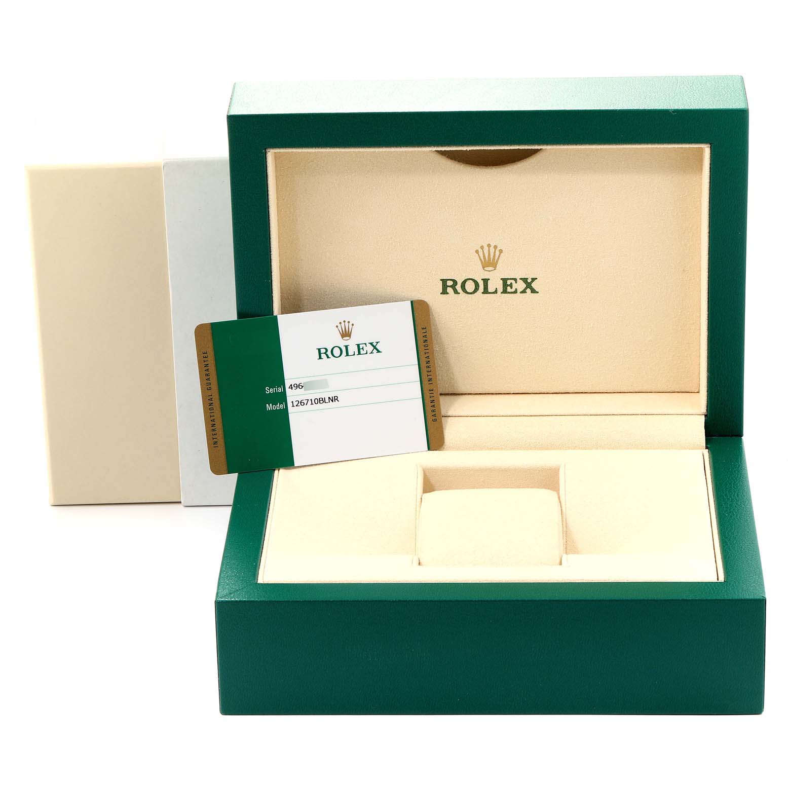 The image shows the packaging and warranty card for a Rolex GMT-Master 126710 Men
s Stainless Steel Black Dial 126710 Men
s Stainless Steel Black Dial.