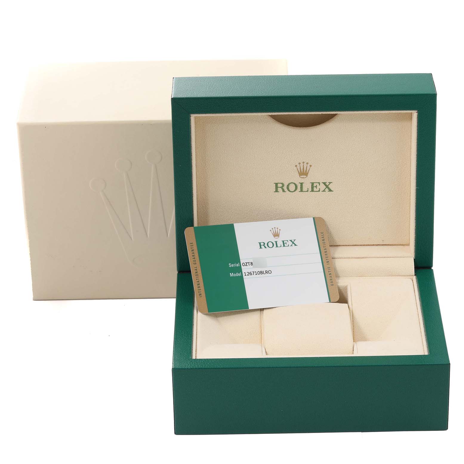 The image shows an open Rolex GMT-Master 126710BLRO Men's Stainless Steel Black Dial 126710BLRO Men's Stainless Steel Black Dial box with a warranty card inside and an outer box in the background.