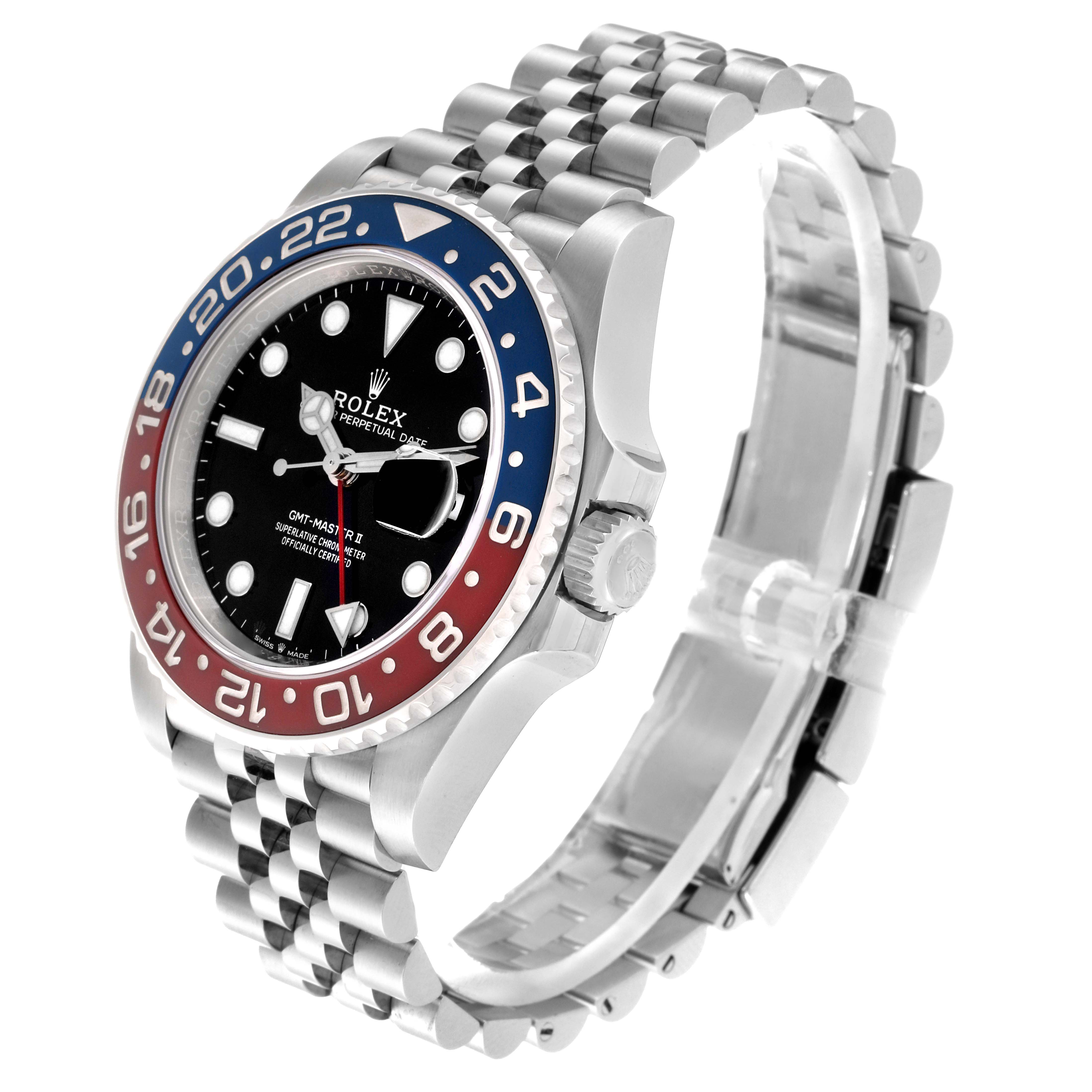 The Rolex GMT-Master 126710BLRO Men's Stainless Steel Black Dial 126710BLRO Men's Stainless Steel Black Dial watch is shown at a three-quarter angle, displaying the face, crown, and part of the bracelet.