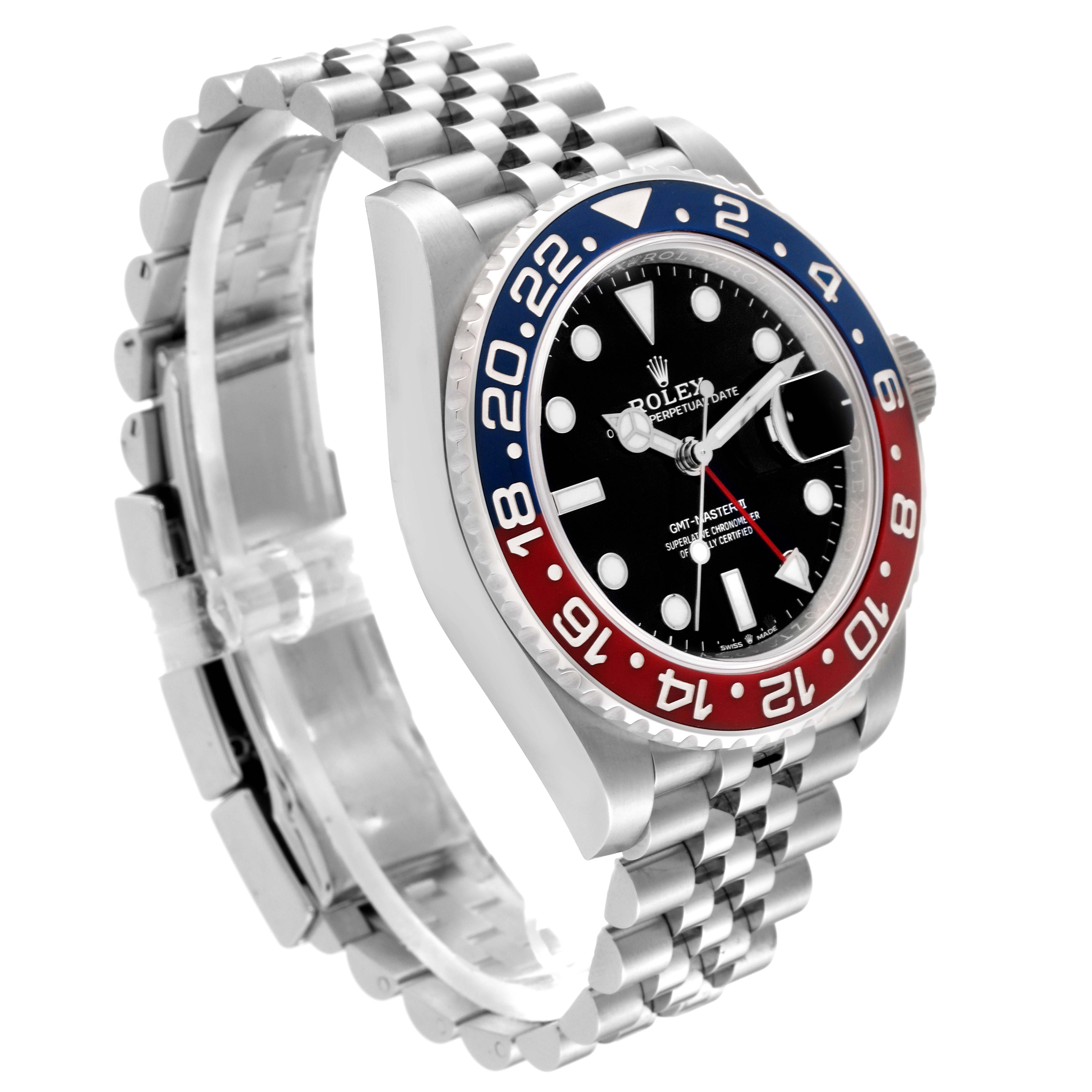 The image shows a Rolex GMT-Master 126710BLRO Men's Stainless Steel Black Dial 126710BLRO Men's Stainless Steel Black Dial watch angled from the side, highlighting its bezel, case, and bracelet.