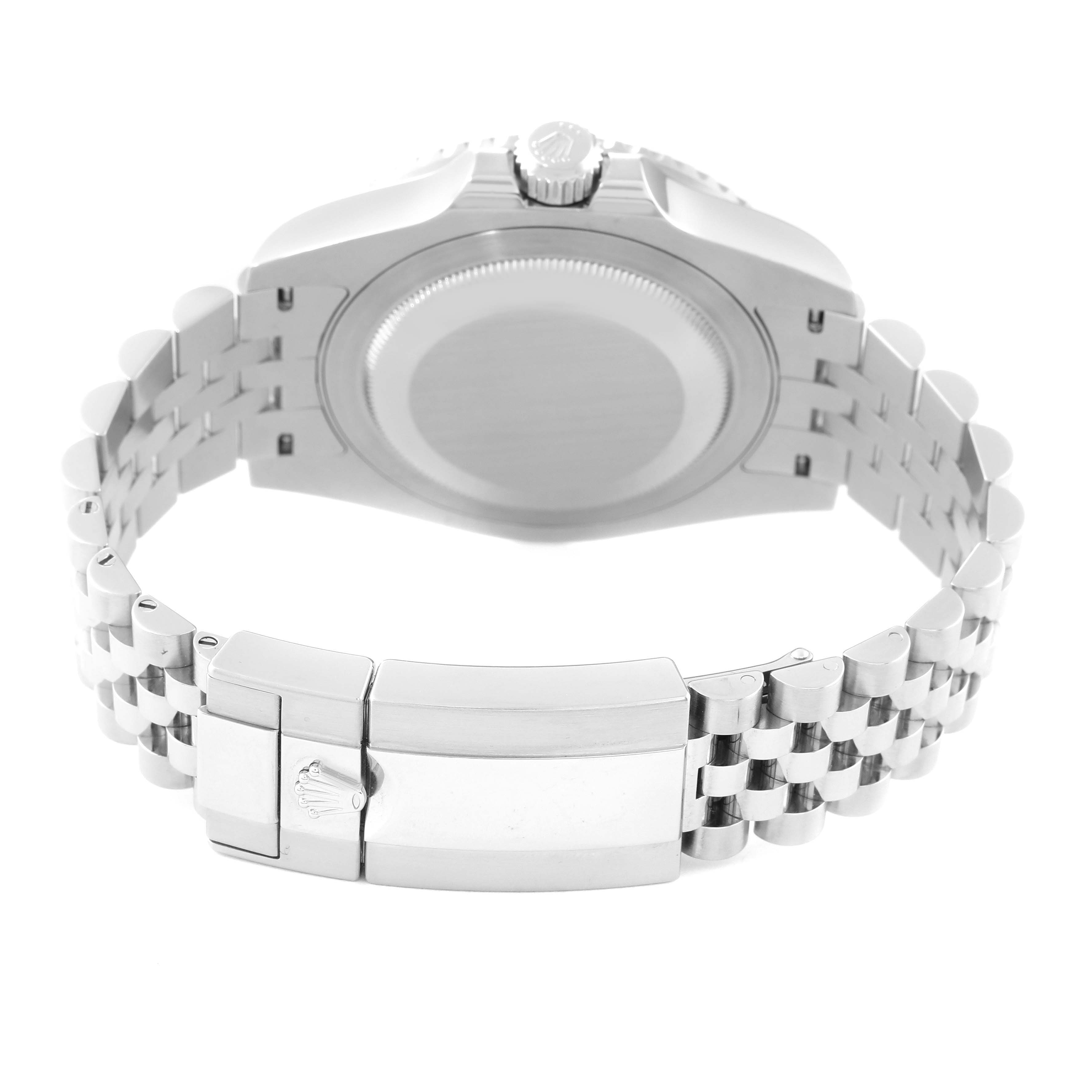 This image shows the stainless steel backside and bracelet clasp of a Rolex GMT-Master 126710BLRO Men's Stainless Steel Black Dial 126710BLRO Men's Stainless Steel Black Dial watch from a rear angle.