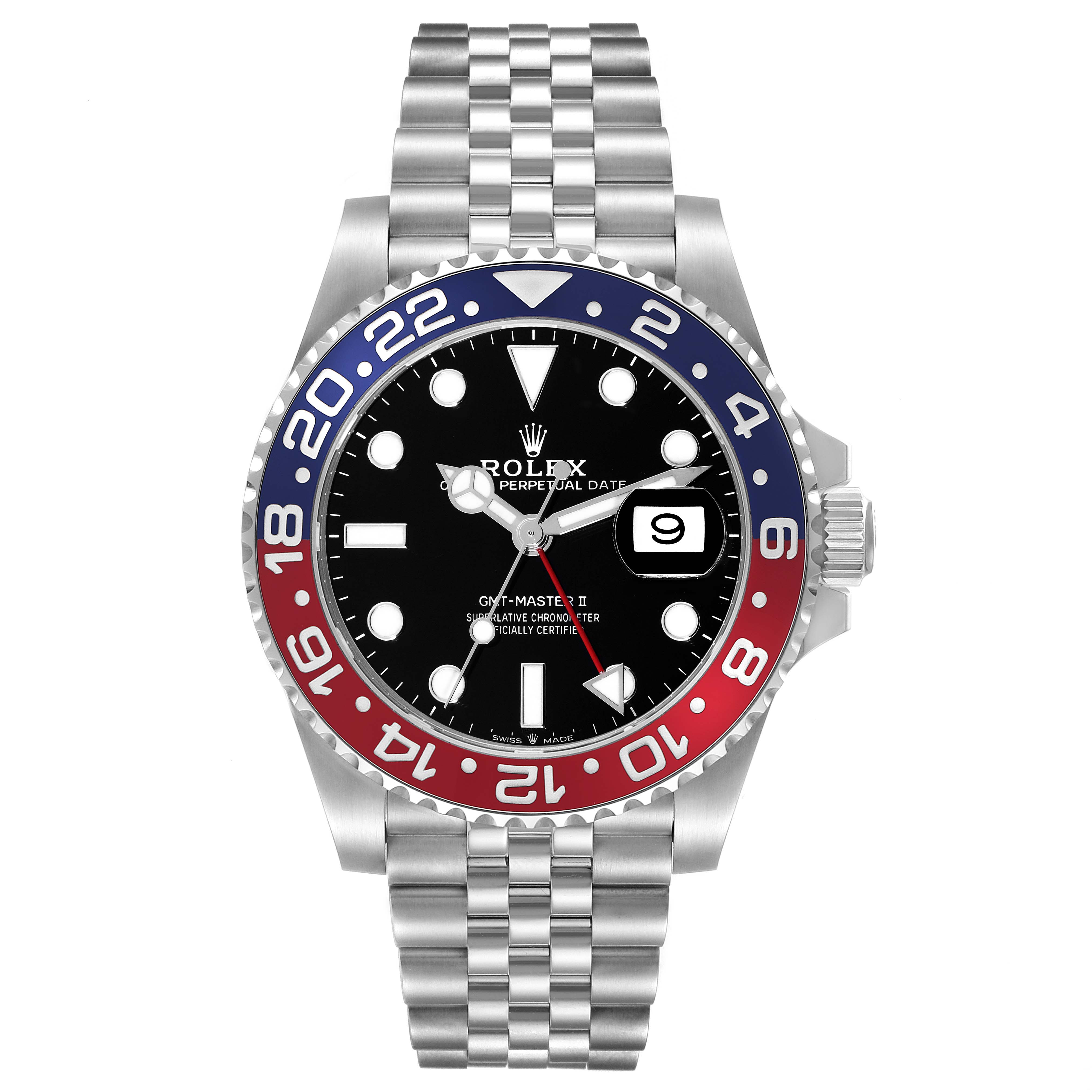 The Rolex GMT-Master 126710BLRO Men's Stainless Steel Black Dial 126710BLRO Men's Stainless Steel Black Dial watch is shown from the front, displaying the face, bezel, and bracelet.