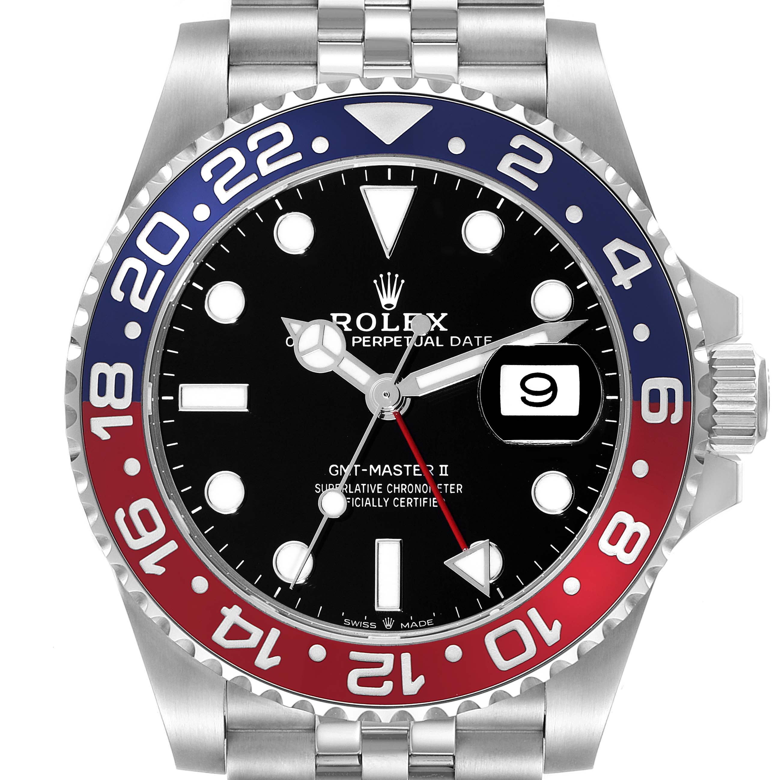 This image shows a frontal view of a Rolex GMT-Master 126710BLRO Men's Stainless Steel Black Dial 126710BLRO Men's Stainless Steel Black Dial II watch, featuring a black dial and a red and blue bezel.