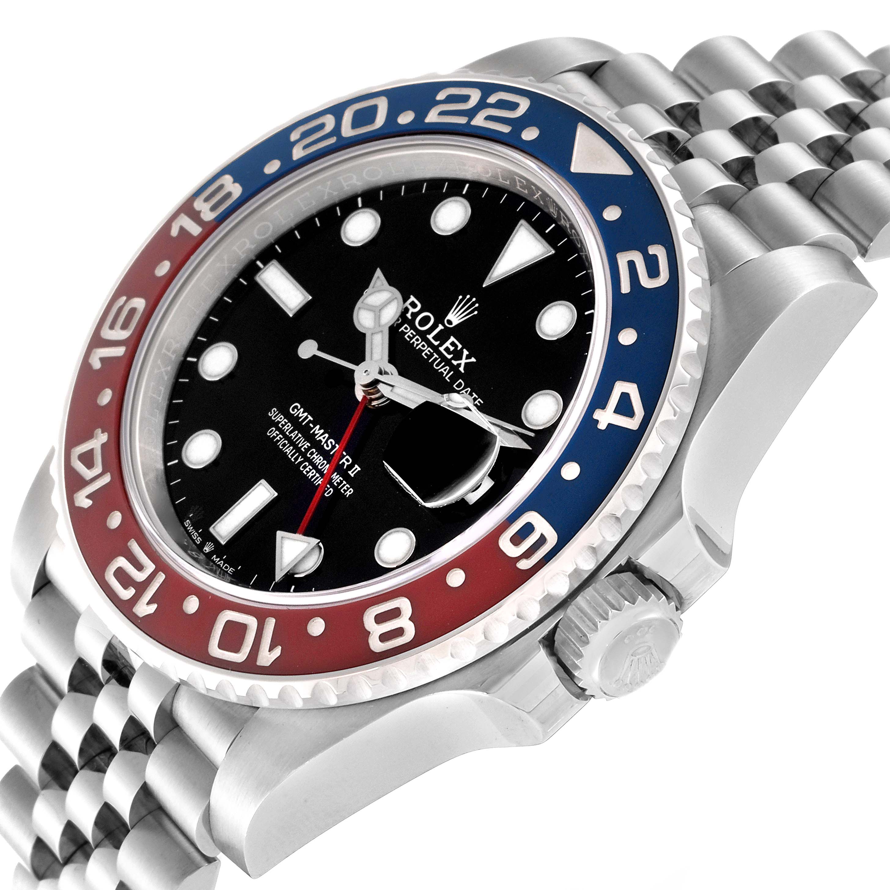 This Rolex GMT-Master 126710BLRO Men's Stainless Steel Black Dial 126710BLRO Men's Stainless Steel Black Dial watch is shown at an angled close-up featuring the bezel, dial, crown, and part of the bracelet.