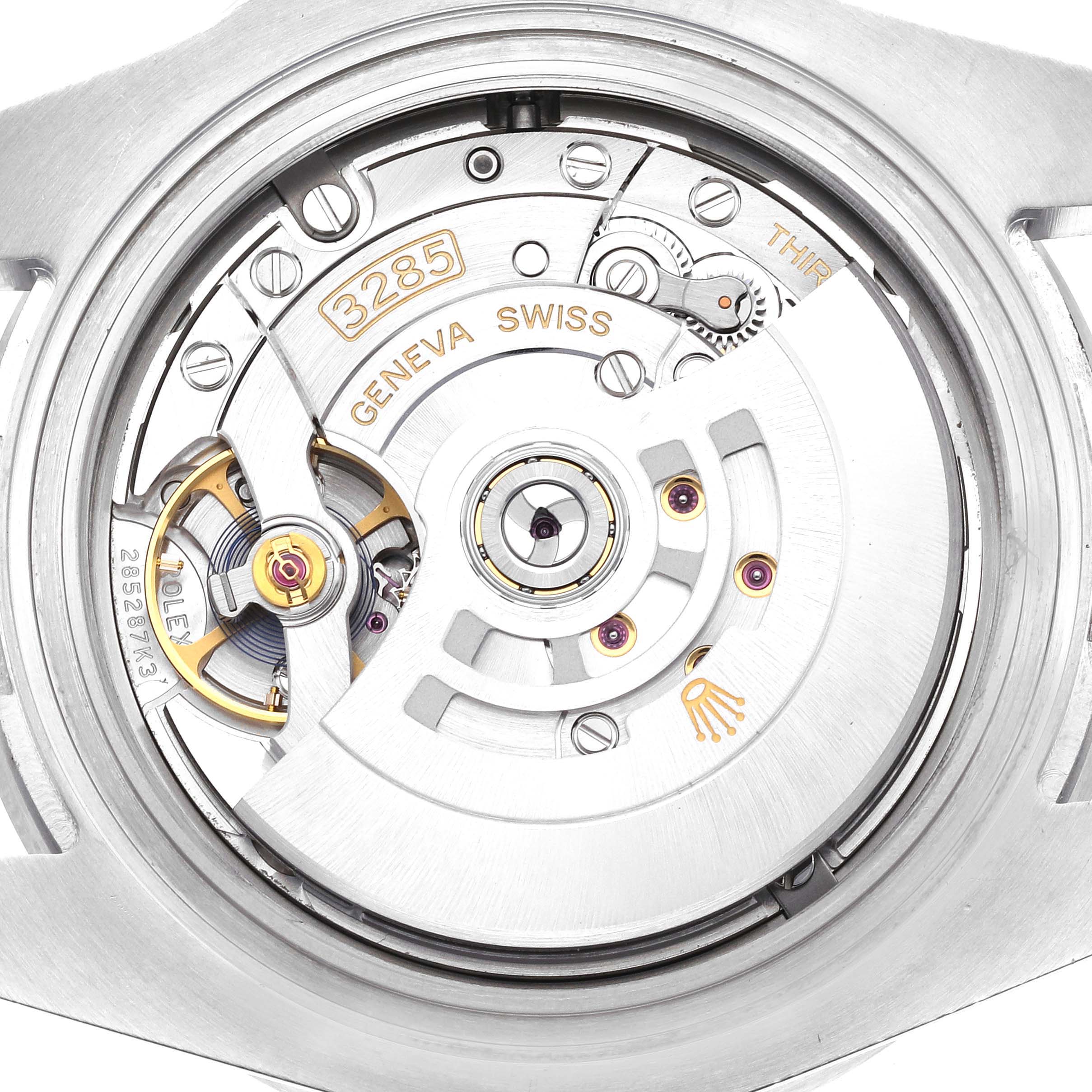 This image displays the movement of a Rolex GMT-Master 126710BLRO Men's Stainless Steel Black Dial 126710BLRO Men's Stainless Steel Black Dial watch, specifically the caliber 3285 with Geneva Swiss markings.