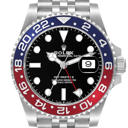 This image shows a front view of the Rolex GMT-Master II, featuring its dial, bezel, case, and part of the bracelet.