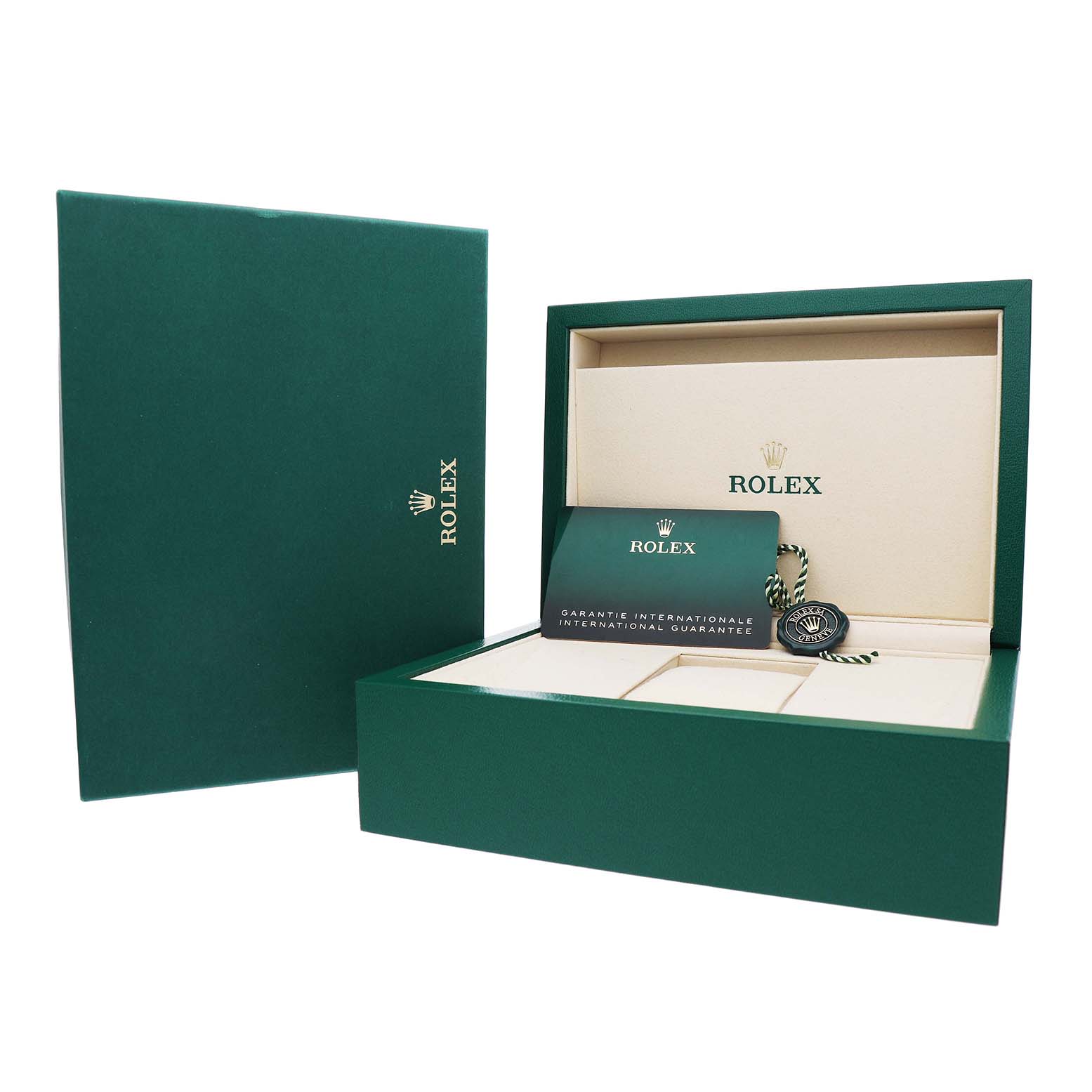 The image shows the open packaging, international guarantee card, and tag of a Rolex GMT-Master M126710GRNR Men's Stainless Steel Black Dial watch.