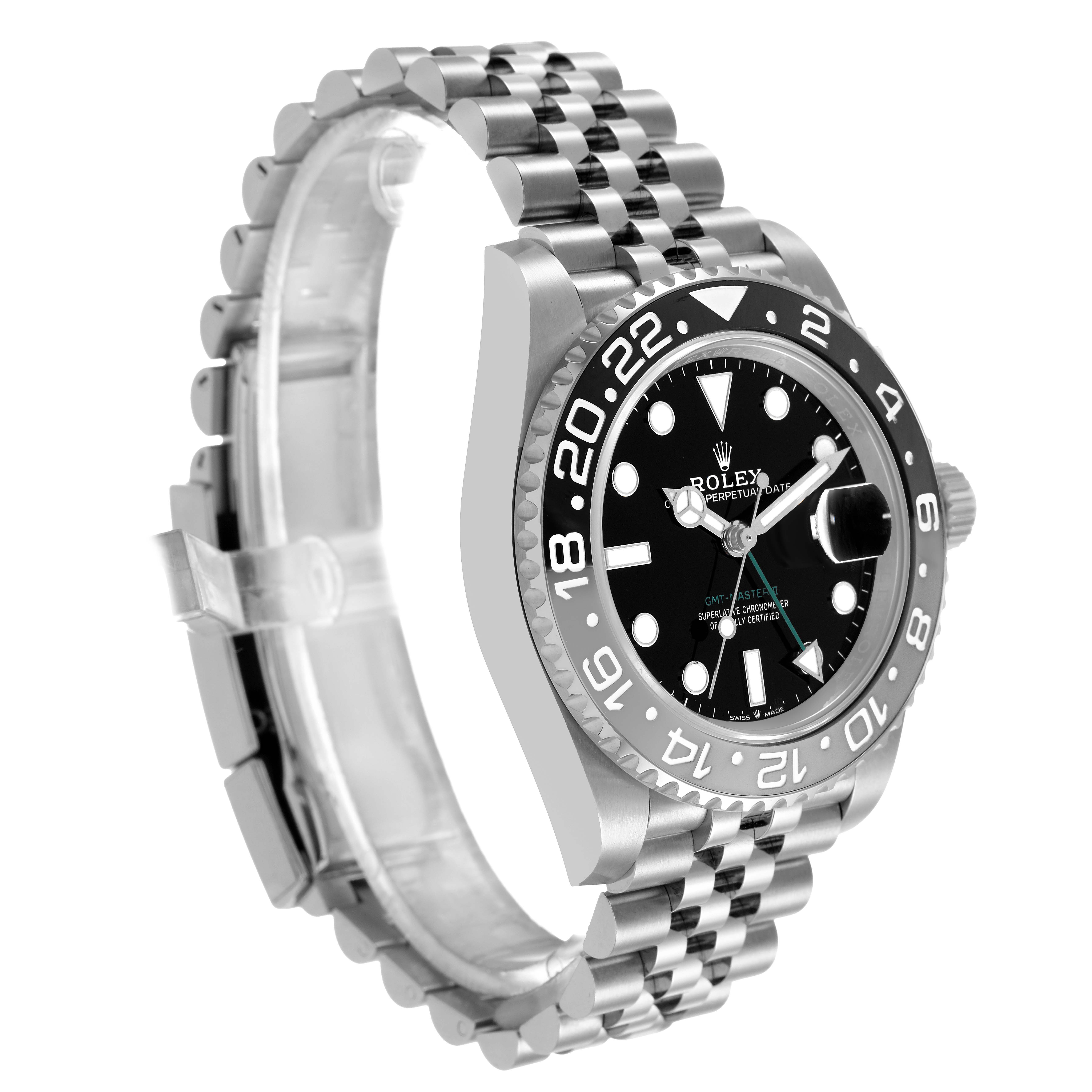 The Rolex GMT-Master M126710GRNR Men's Stainless Steel Black Dial watch is shown at a front-side angle, displaying its bezel, dial, and Jubilee bracelet.