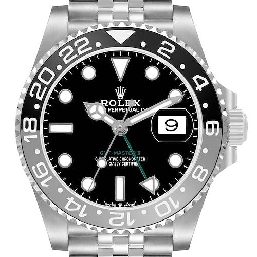 The Rolex GMT-Master M126710GRNR Men's Stainless Steel Black Dial II watch is shown from a front angle, highlighting the bezel, face, hands, and date window.