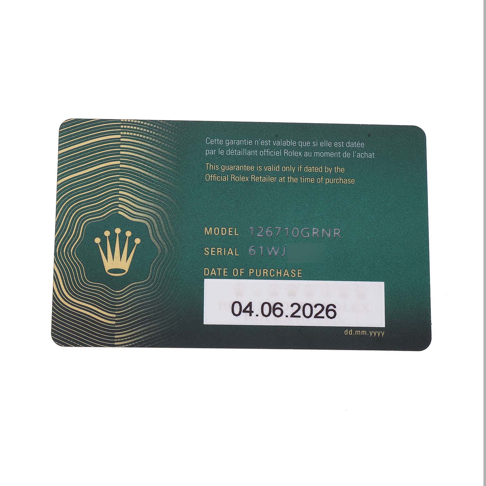 The image shows a warranty card for a Rolex GMT-Master M126710GRNR Men's Stainless Steel Black Dial model.