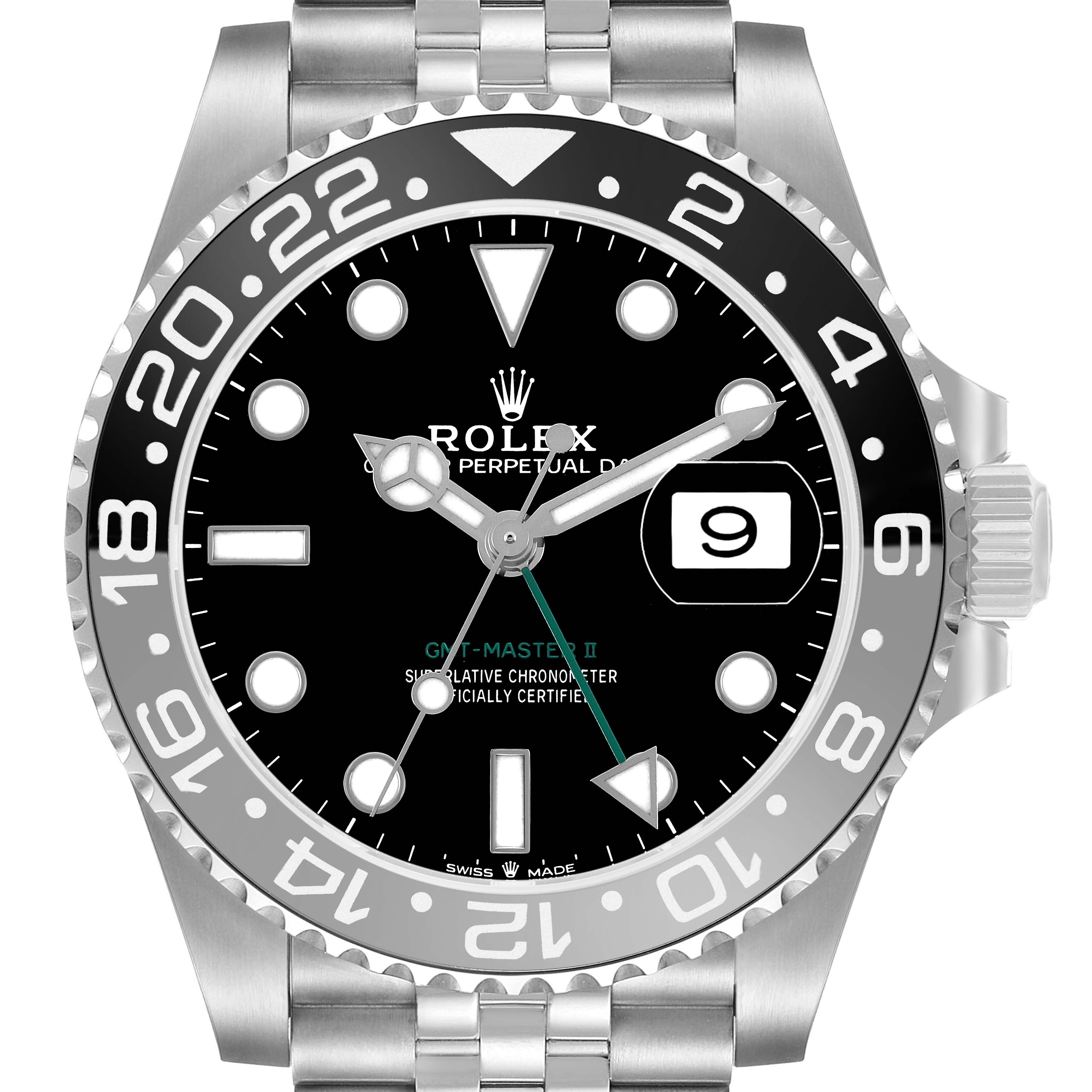 The Rolex GMT-Master M126710GRNR Men's Stainless Steel Black Dial II is shown from a front angle, highlighting the bezel, dial, and bracelet.
