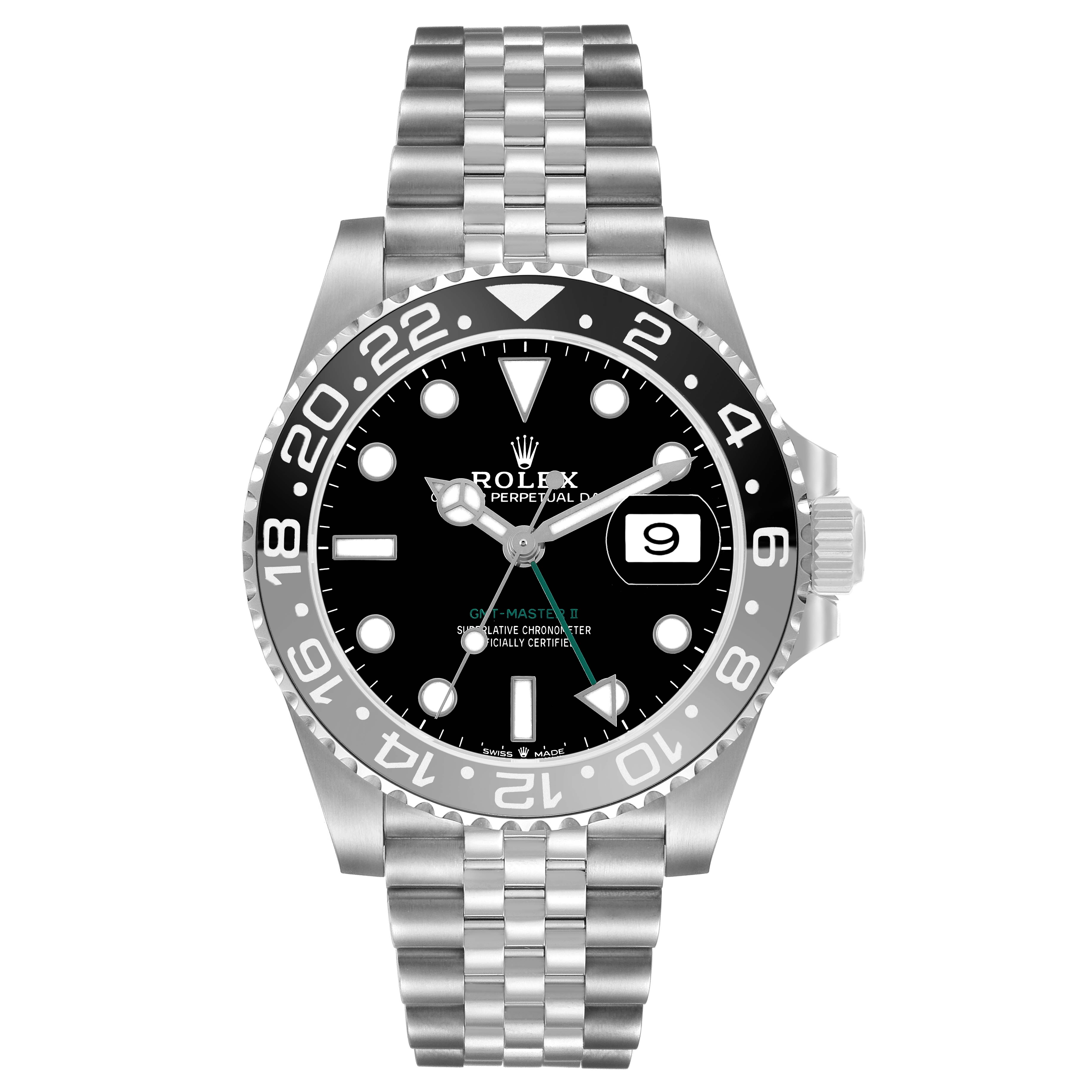 The Rolex GMT-Master M126710GRNR Men's Stainless Steel Black Dial watch is shown from a front view, displaying the dial, bezel, hands, date, and bracelet.
