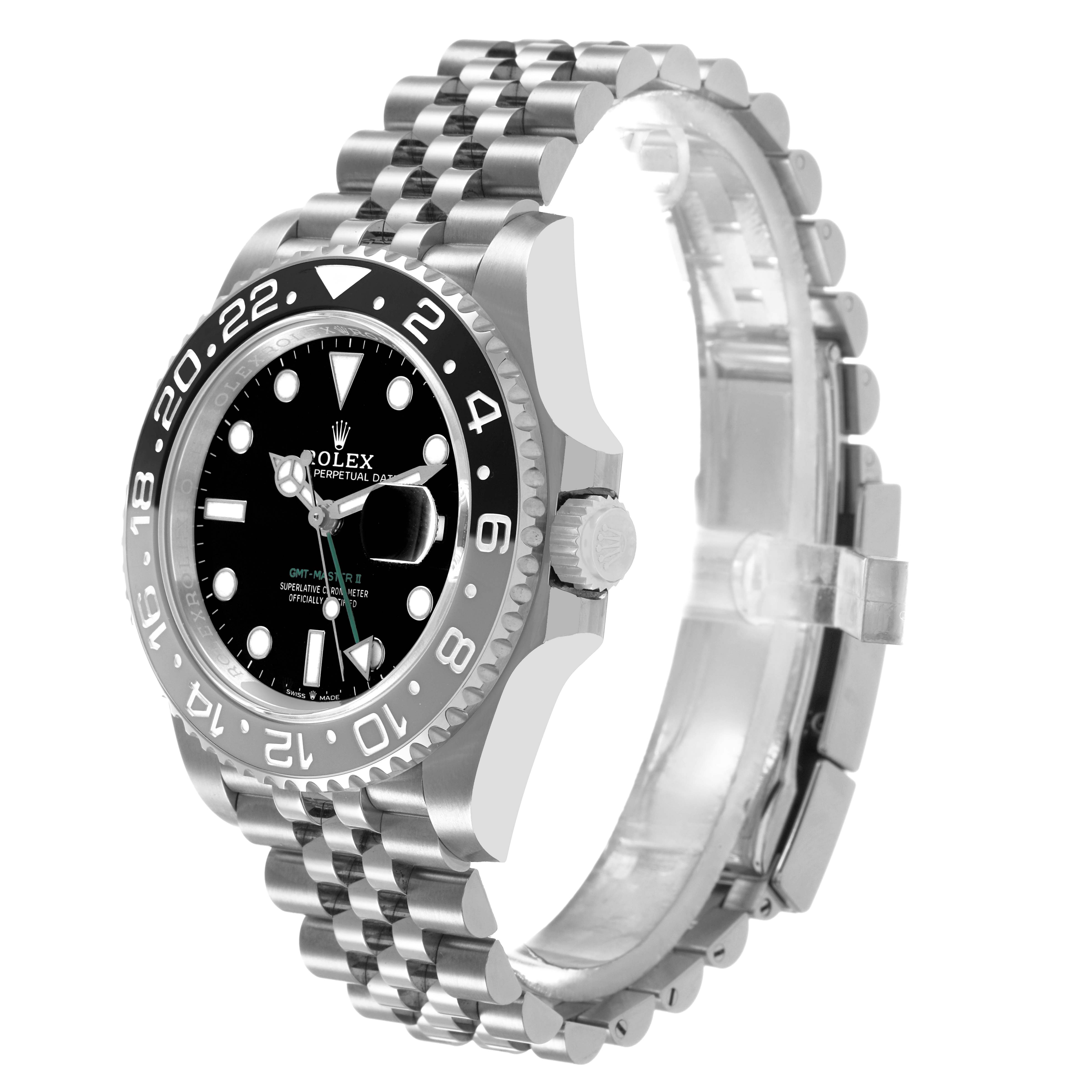 The Rolex GMT-Master M126710GRNR Men's Stainless Steel Black Dial watch is shown at a side angle, highlighting the face, bezel, crown, and part of the bracelet.