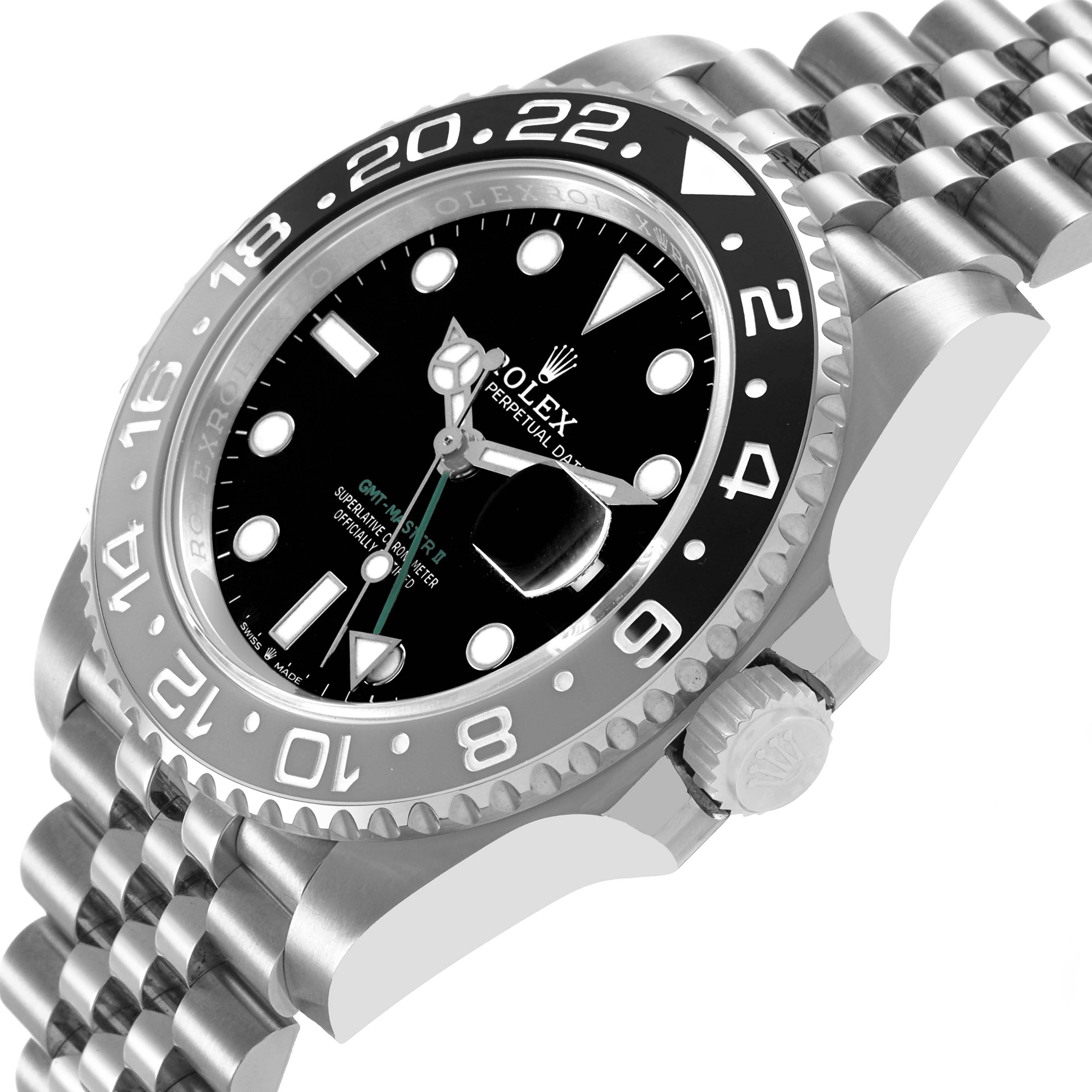The Rolex GMT-Master M126710GRNR Men's Stainless Steel Black Dial is shown at a tilted angle, highlighting the bezel, crown, and bracelet.