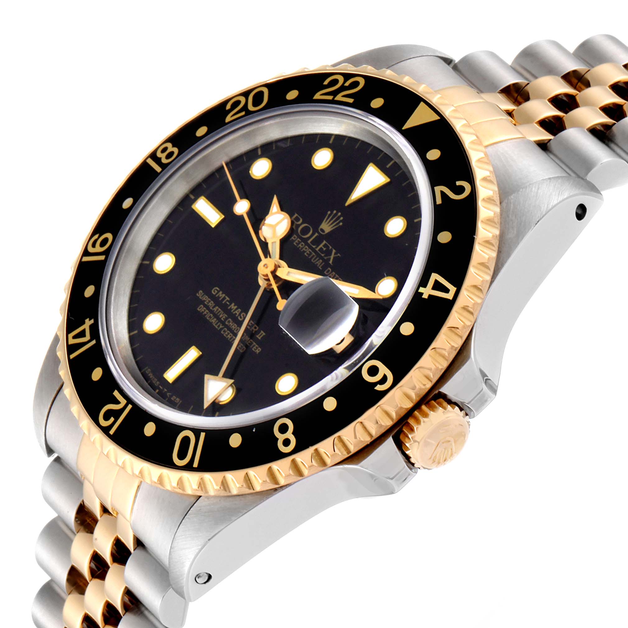 The image shows a side angle of a Rolex GMT-Master 16713 Men's Steel and Gold (two tone) Black Dial 16713 Men's Steel and Gold (two tone) Black Dial watch highlighting the bezel, crown, and part of the bracelet.