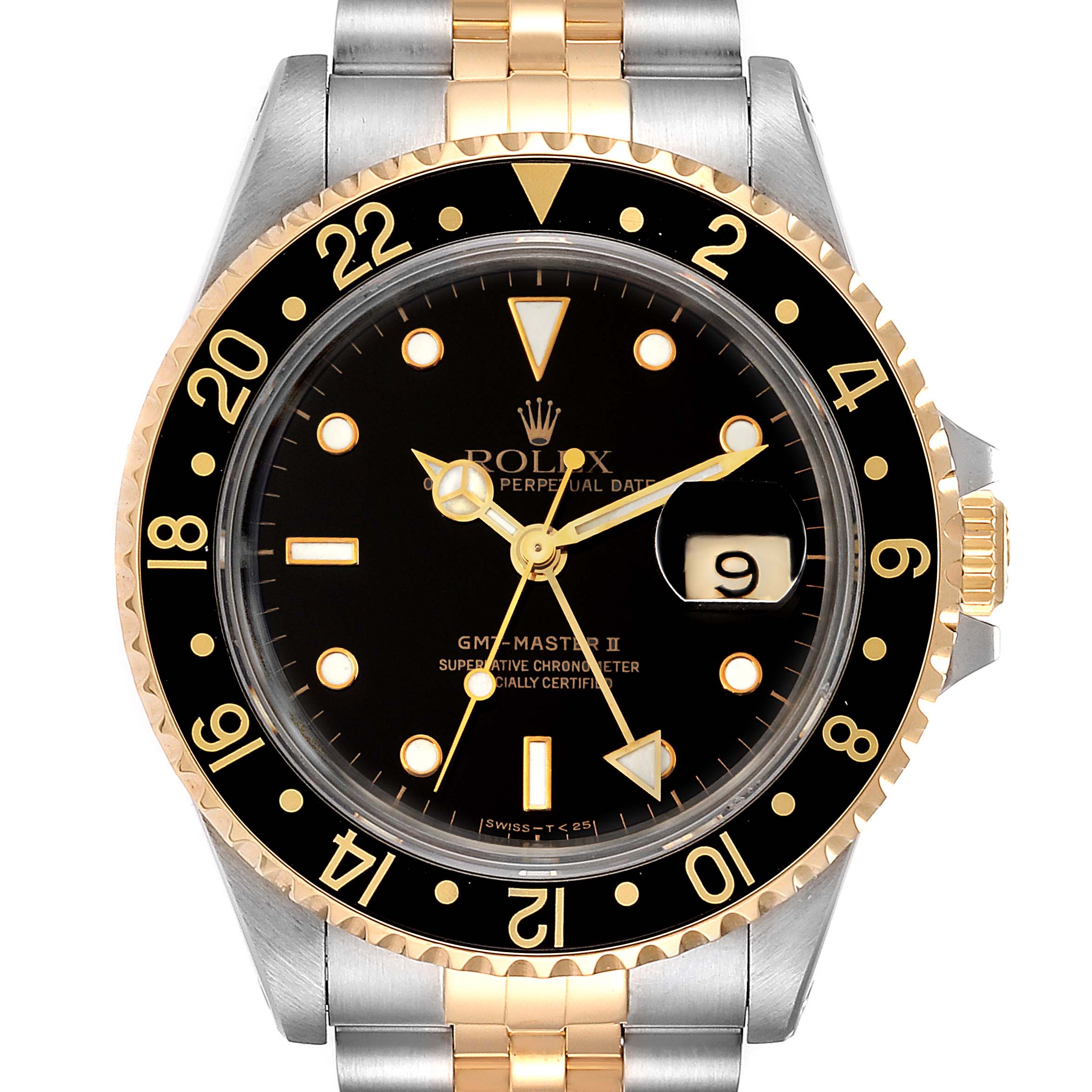 This image shows a front view of the Rolex GMT-Master 16713 Men's Steel and Gold (two tone) Black Dial 16713 Men's Steel and Gold (two tone) Black Dial II watch, highlighting the bezel, dial, and bracelet.