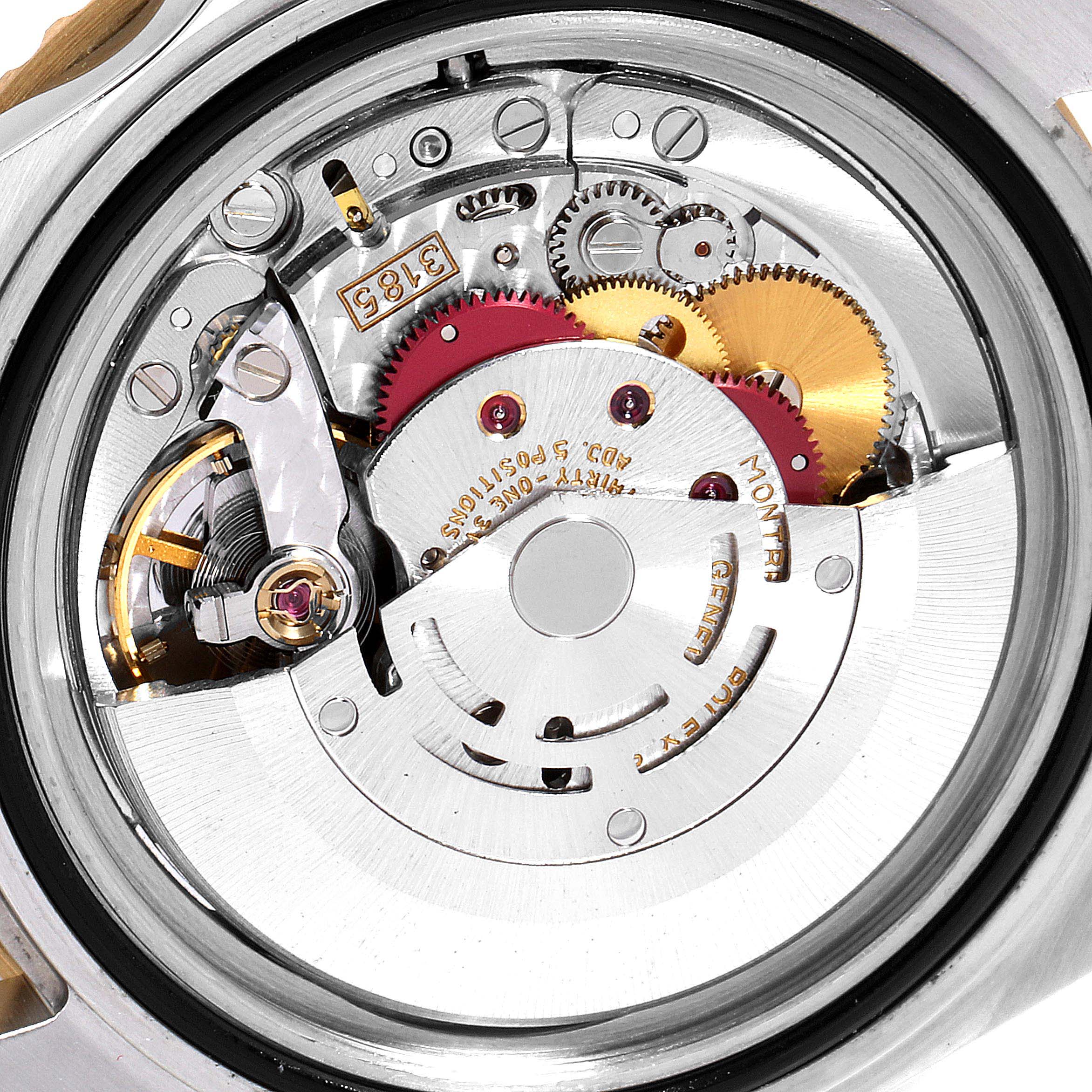 This image shows the internal movement mechanism of a Rolex GMT-Master 16713 Men's Steel and Gold (two tone) Black Dial 16713 Men's Steel and Gold (two tone) Black Dial watch, viewed from the back.