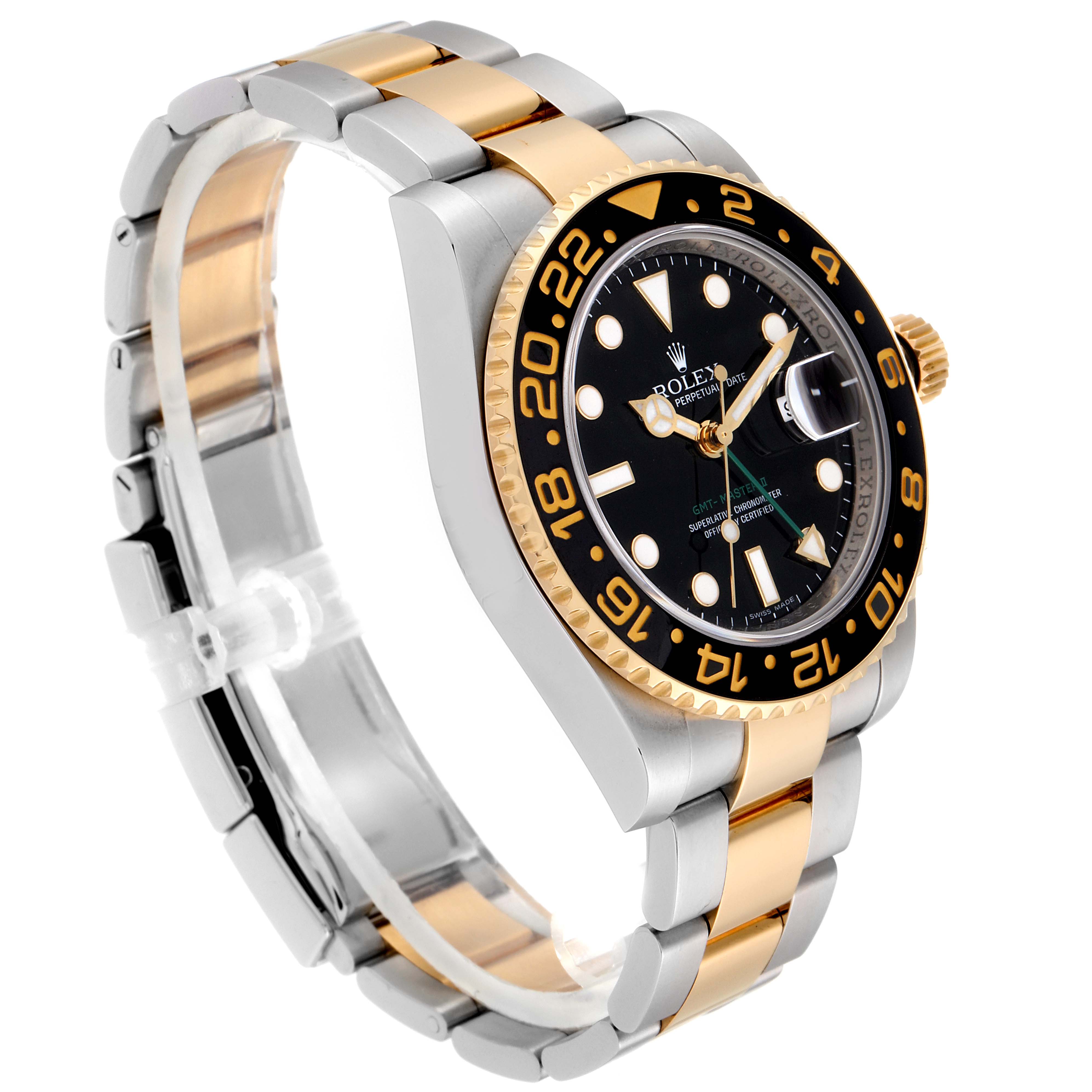 The image shows a Rolex GMT-Master 116713 Men's Steel and Gold (two tone) Black Dial 116713 Men's Steel and Gold (two tone) Black Dial watch at a slight angle, highlighting the dial, bezel, and bracelet.