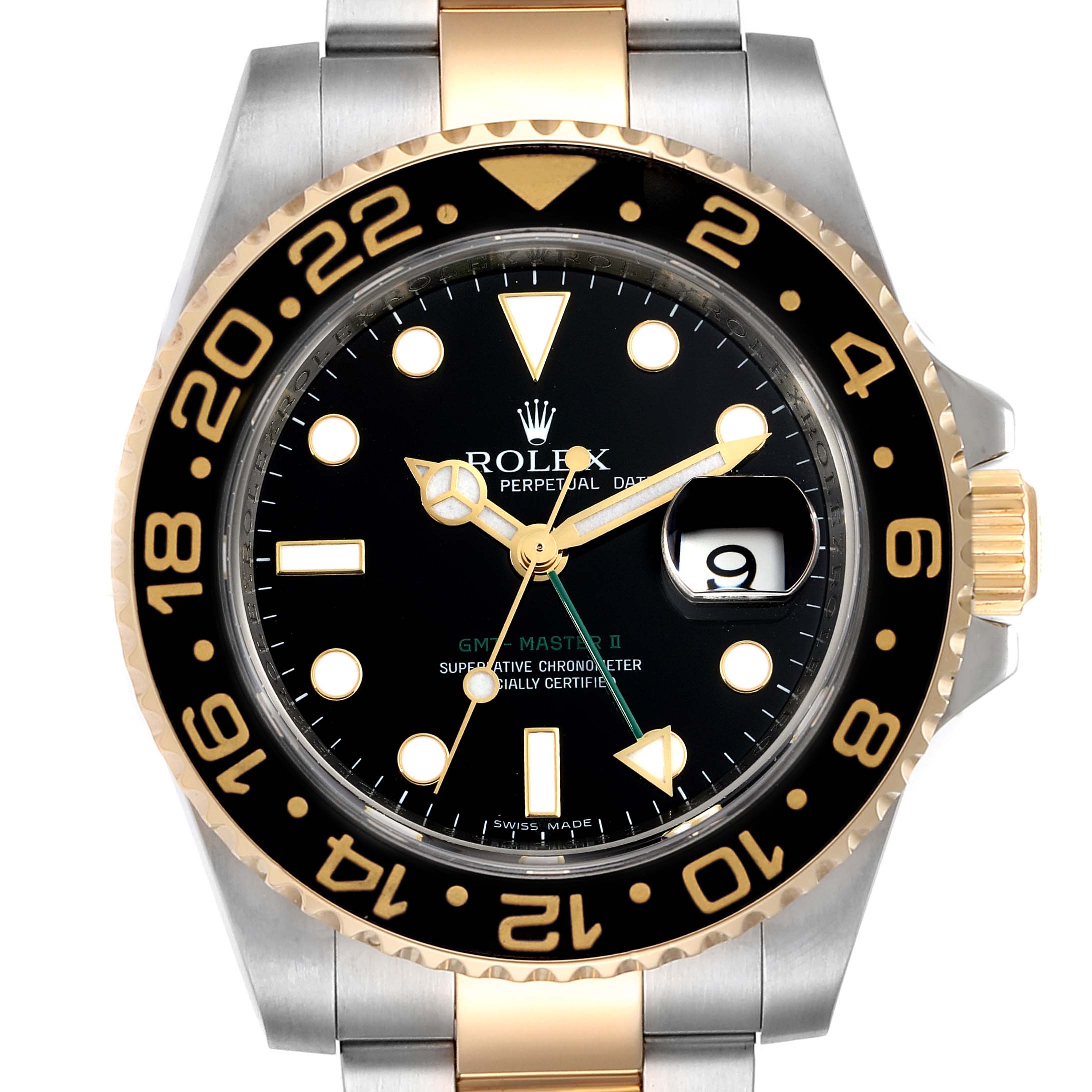 This is a front view of the Rolex GMT-Master 116713 Men's Steel and Gold (two tone) Black Dial 116713 Men's Steel and Gold (two tone) Black Dial II showing the face, bezel, and part of the band.