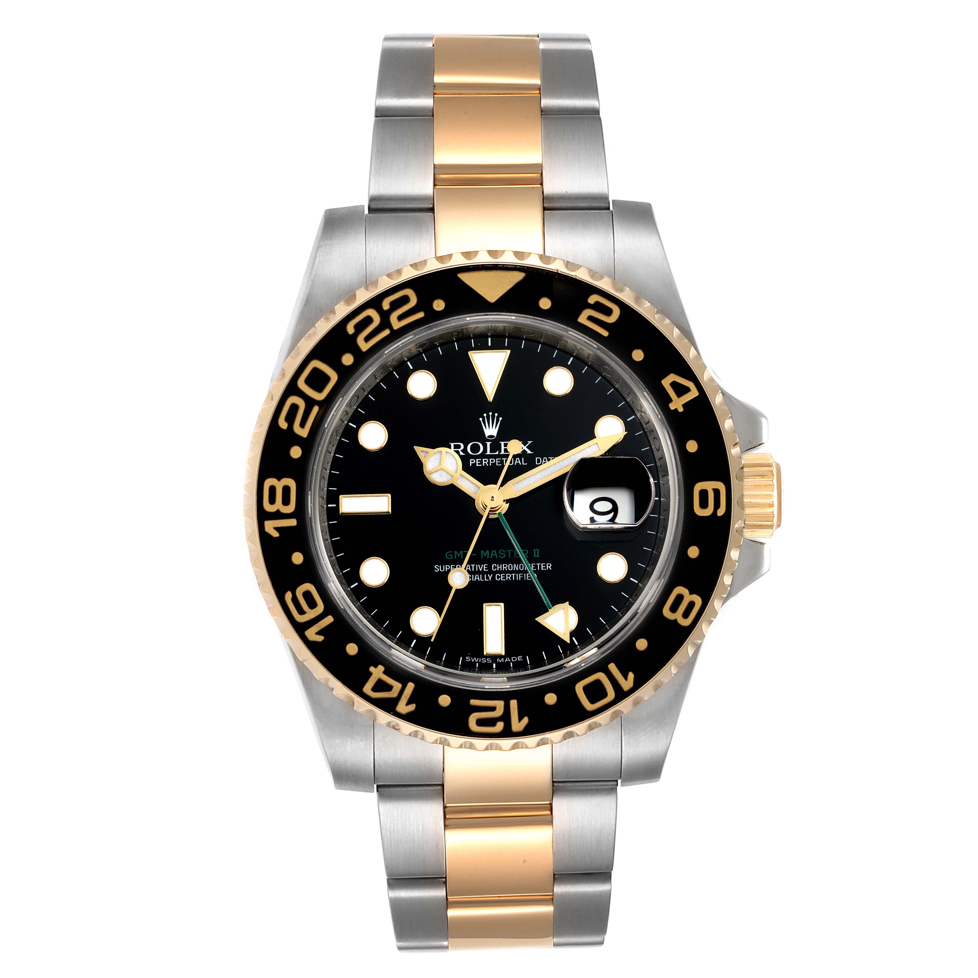 The image shows a front view of the Rolex GMT-Master 116713 Men's Steel and Gold (two tone) Black Dial 116713 Men's Steel and Gold (two tone) Black Dial II watch, displaying its dial, bezel, and bracelet.