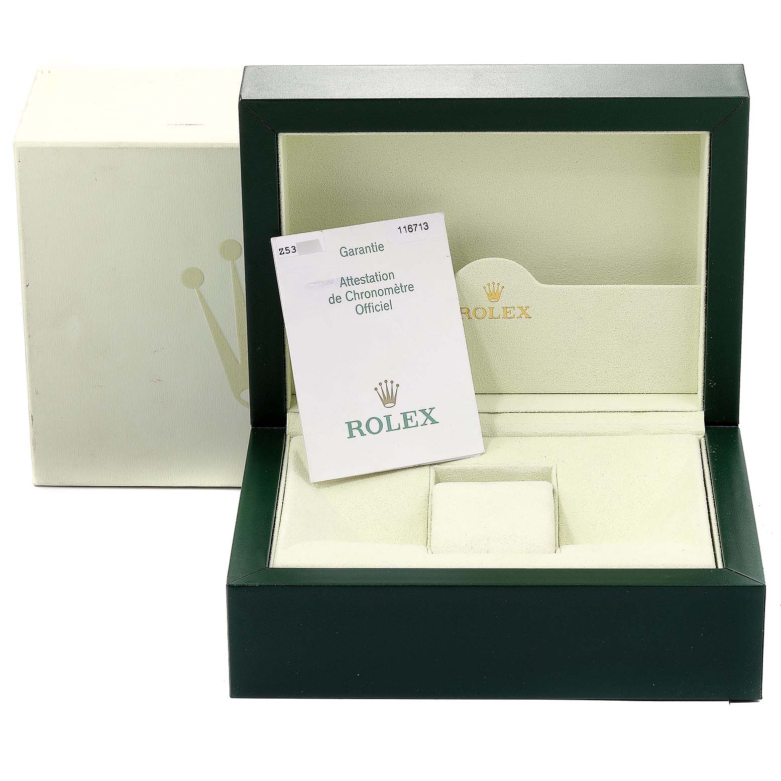 This image shows the box and certificate for a Rolex GMT-Master 116713 Men's Steel and Gold (two tone) Black Dial 116713 Men's Steel and Gold (two tone) Black Dial watch, without the watch included.