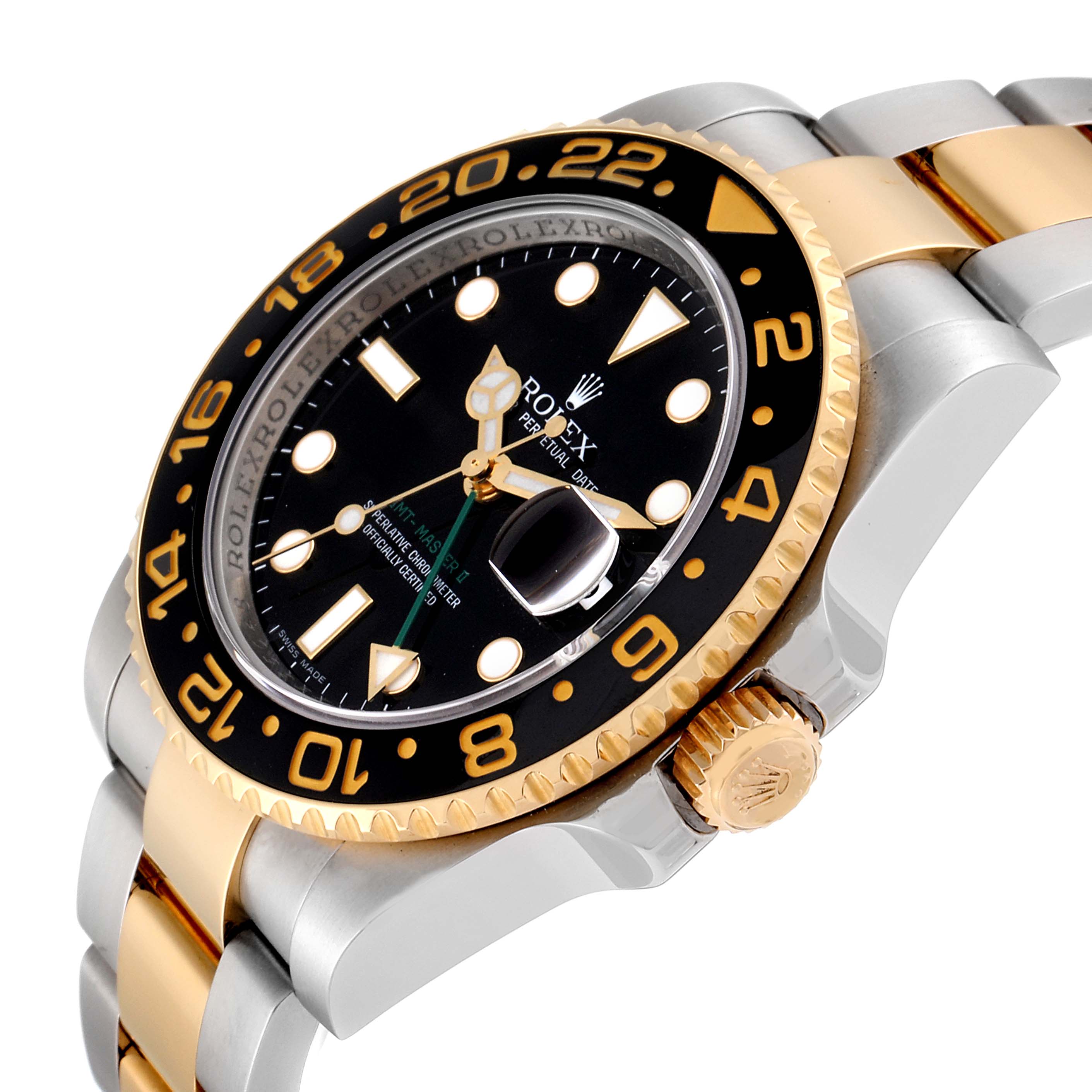 This image shows a close-up side angle of the Rolex GMT-Master 116713 Men's Steel and Gold (two tone) Black Dial 116713 Men's Steel and Gold (two tone) Black Dial watch, highlighting the bezel, crown, and bracelet.