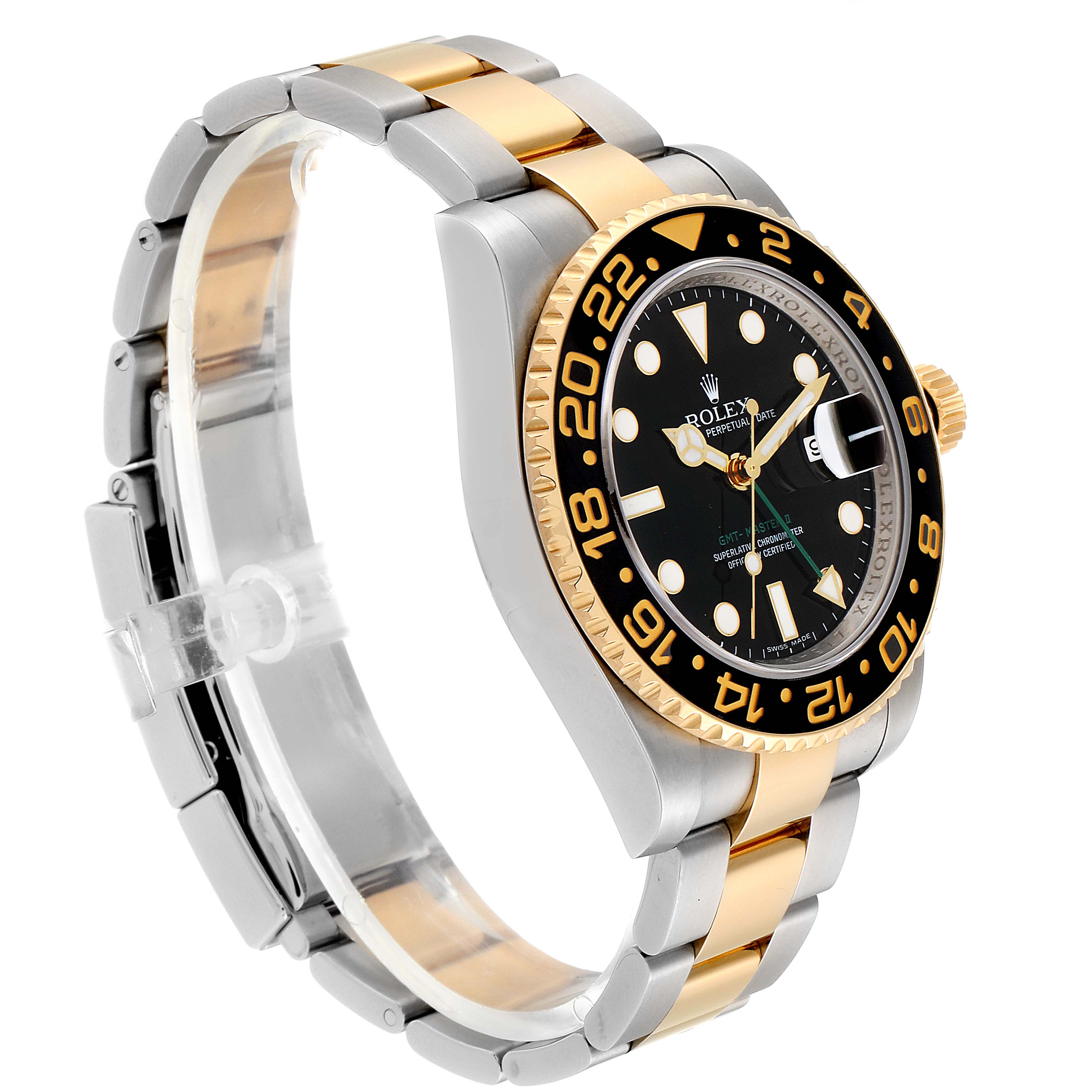 This image shows a side angle of a Rolex GMT-Master 116713 Men's Steel and Gold (two tone) Black Dial 116713 Men's Steel and Gold (two tone) Black Dial watch, highlighting its two-tone bracelet, bezel, and black dial.