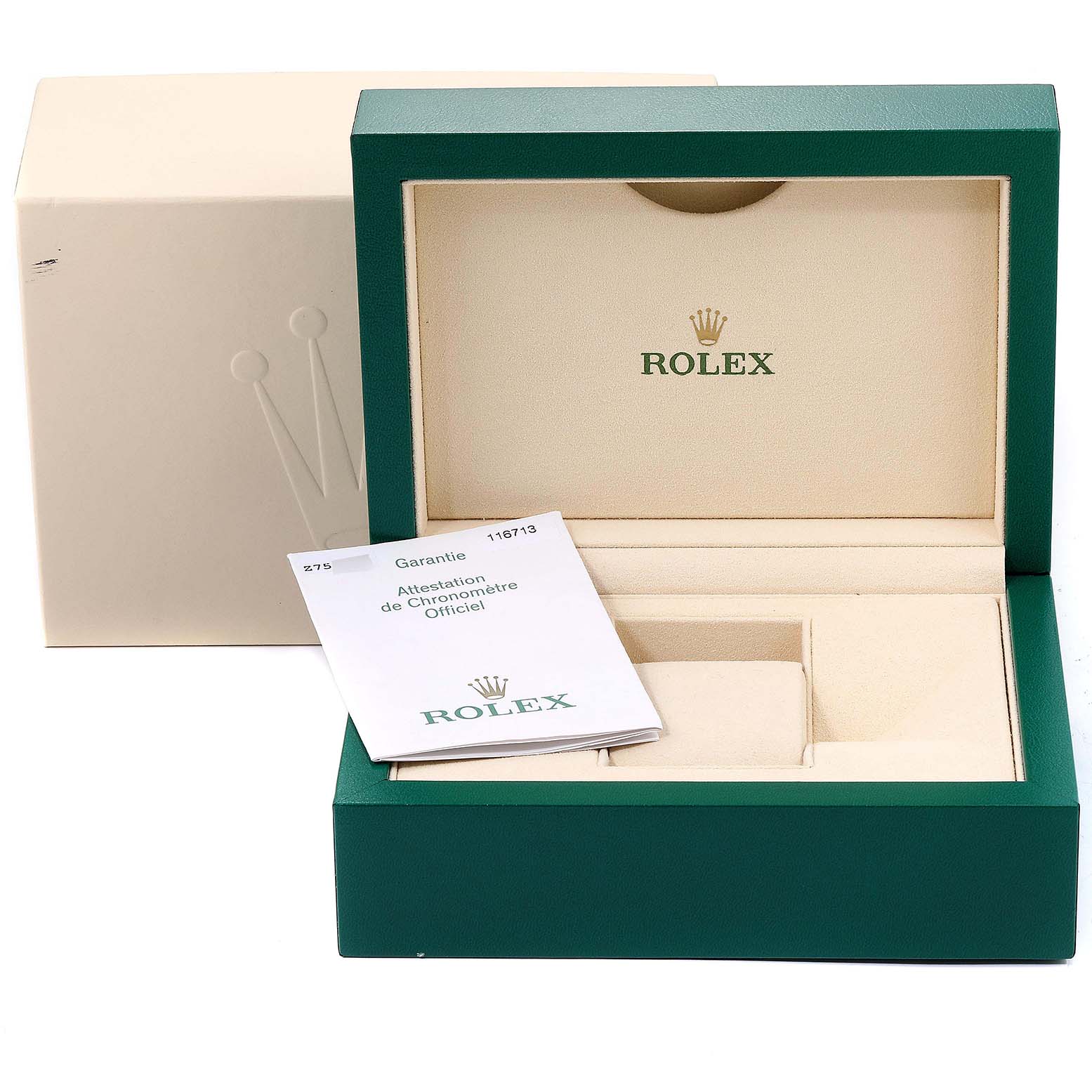 The image shows an open Rolex GMT-Master 116713 Men's Steel and Gold (two tone) Black Dial 116713 Men's Steel and Gold (two tone) Black Dial watch box with official documentation.