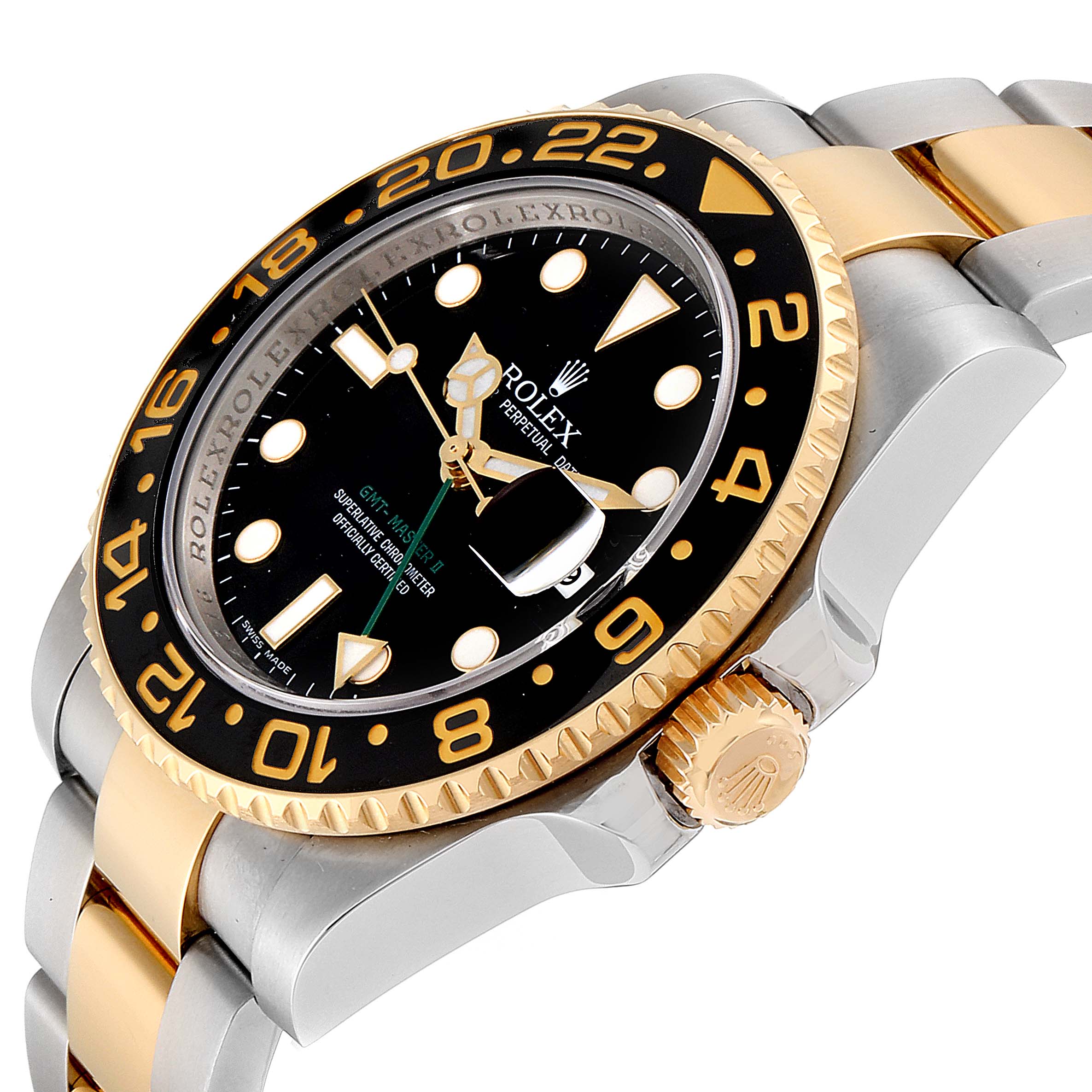 The Rolex GMT-Master 116713 Men's Steel and Gold (two tone) Black Dial 116713 Men's Steel and Gold (two tone) Black Dial watch is shown from a top-side angle, highlighting its bezel, dial, crown, and two-tone bracelet.