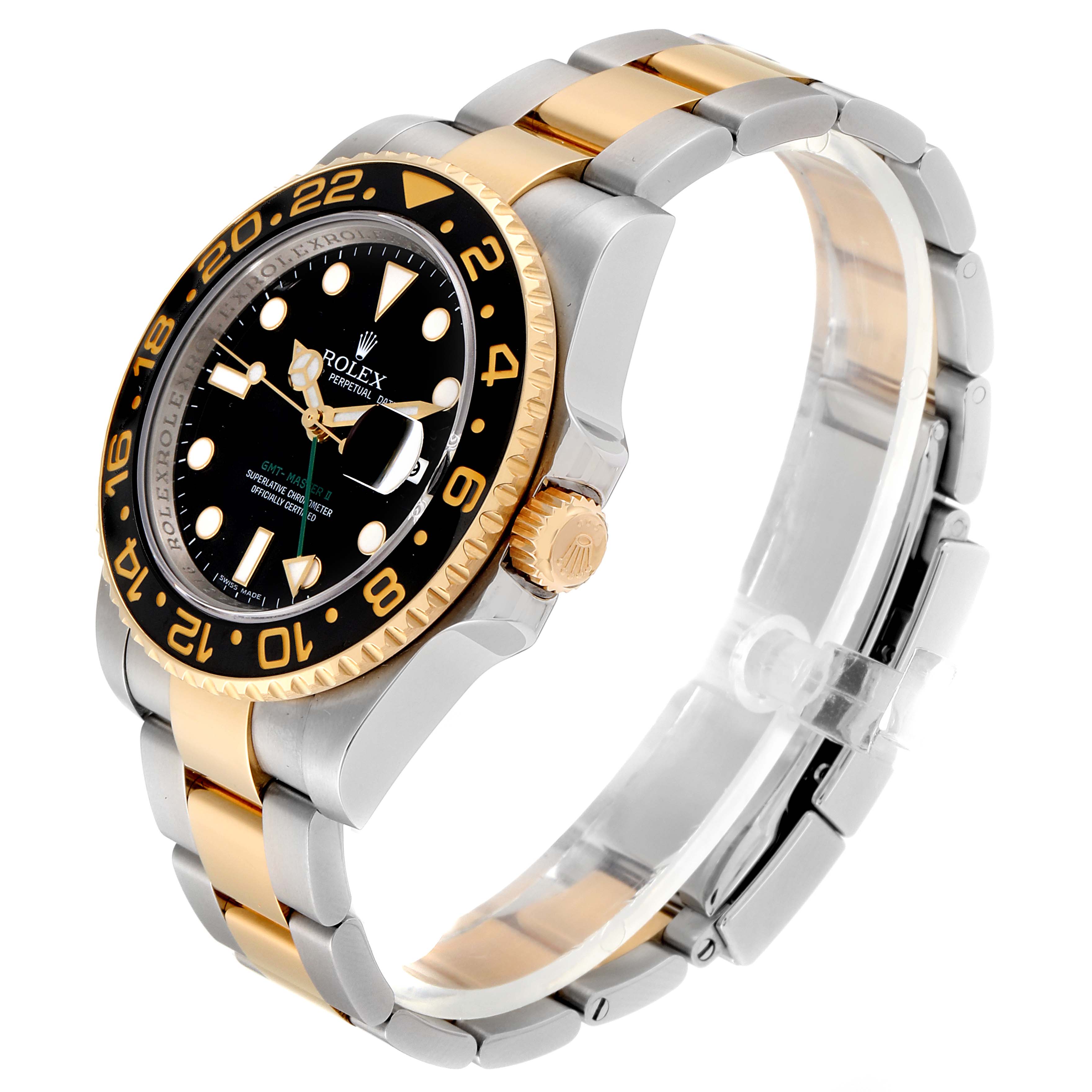 This image shows a Rolex GMT-Master 116713 Men's Steel and Gold (two tone) Black Dial 116713 Men's Steel and Gold (two tone) Black Dial watch at a tilted angle, highlighting its two-tone bezel, black dial, and two-tone bracelet.