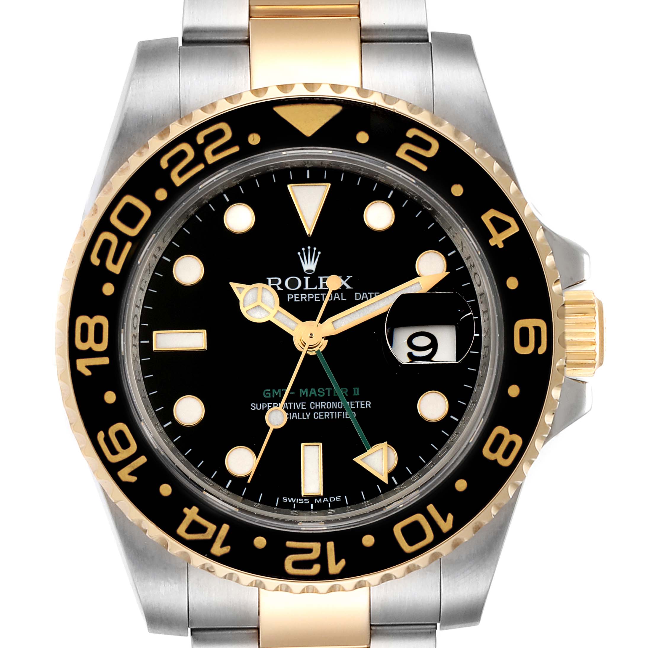 This image shows a front view of a Rolex GMT-Master 116713 Men's Steel and Gold (two tone) Black Dial 116713 Men's Steel and Gold (two tone) Black Dial II watch, highlighting the black dial, gold bezel, and two-tone bracelet.