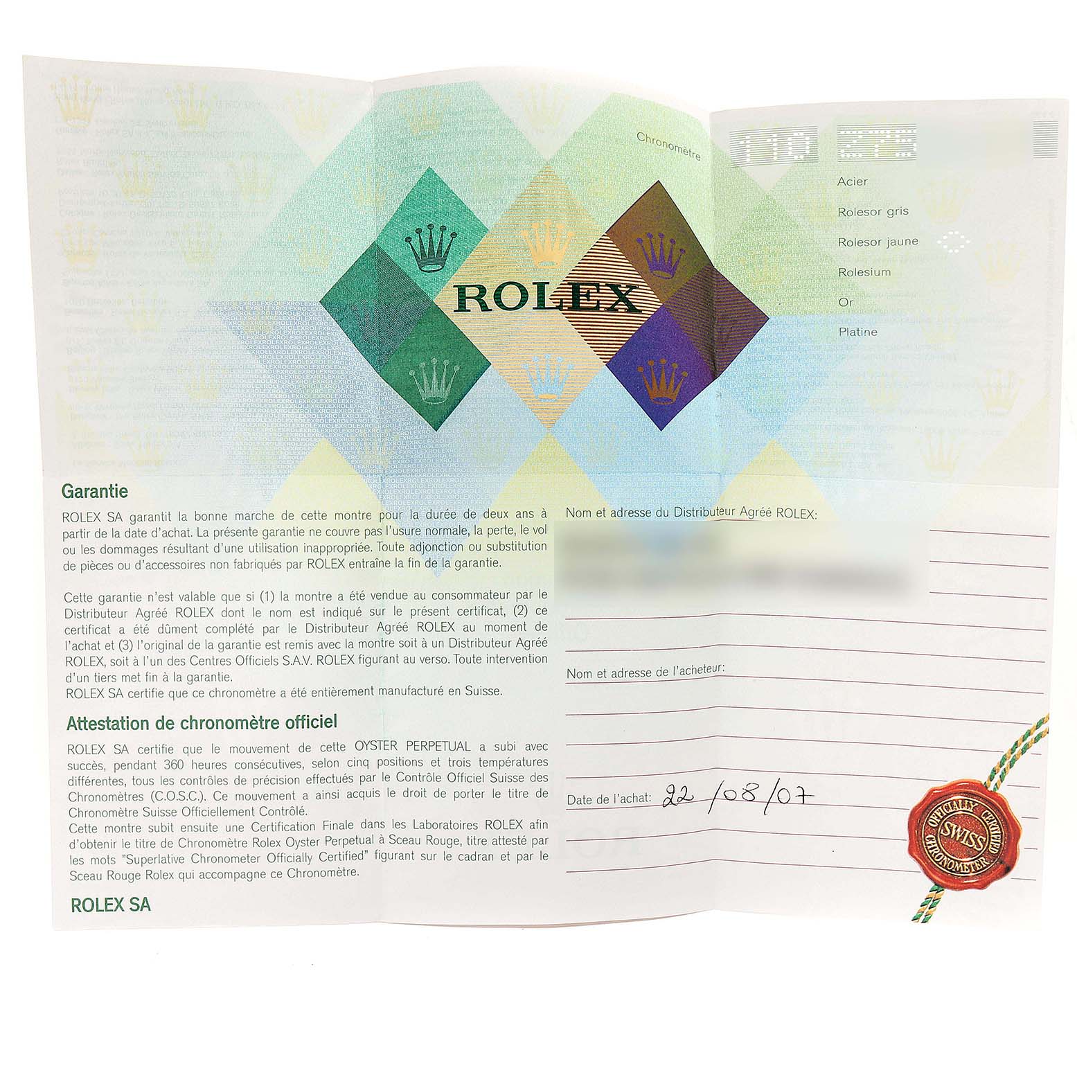 This image shows the warranty and chronometer certification documents for a Rolex GMT-Master 116713 Men's Steel and Gold (two tone) Black Dial 116713 Men's Steel and Gold (two tone) Black Dial watch.