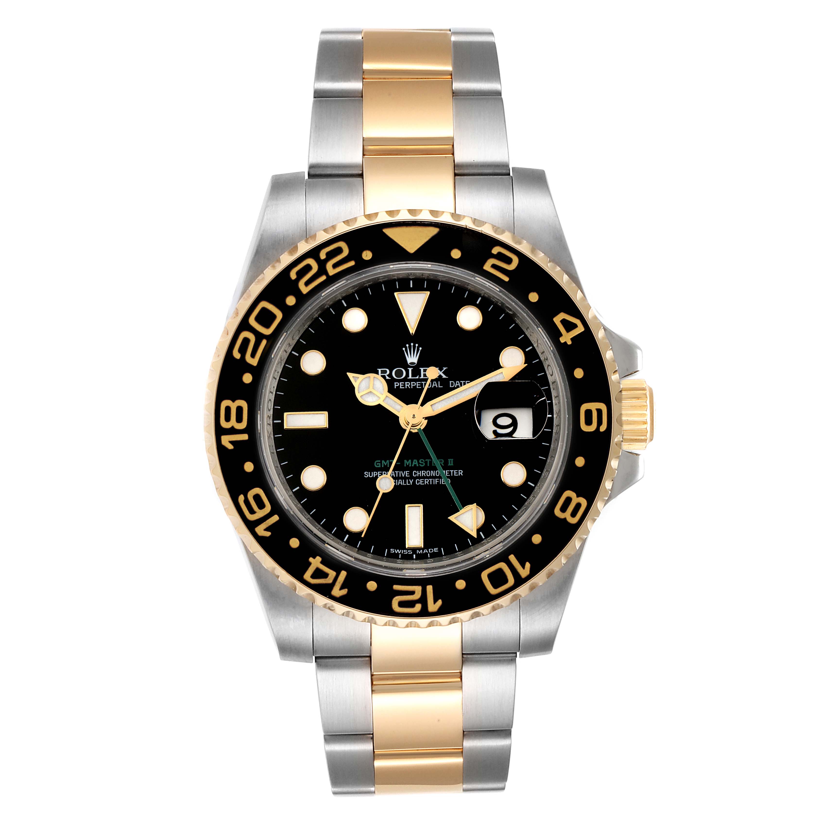 This image shows a front view of the Rolex GMT-Master 116713 Men's Steel and Gold (two tone) Black Dial 116713 Men's Steel and Gold (two tone) Black Dial II watch, highlighting the dial, bezel, and two-tone metal bracelet.