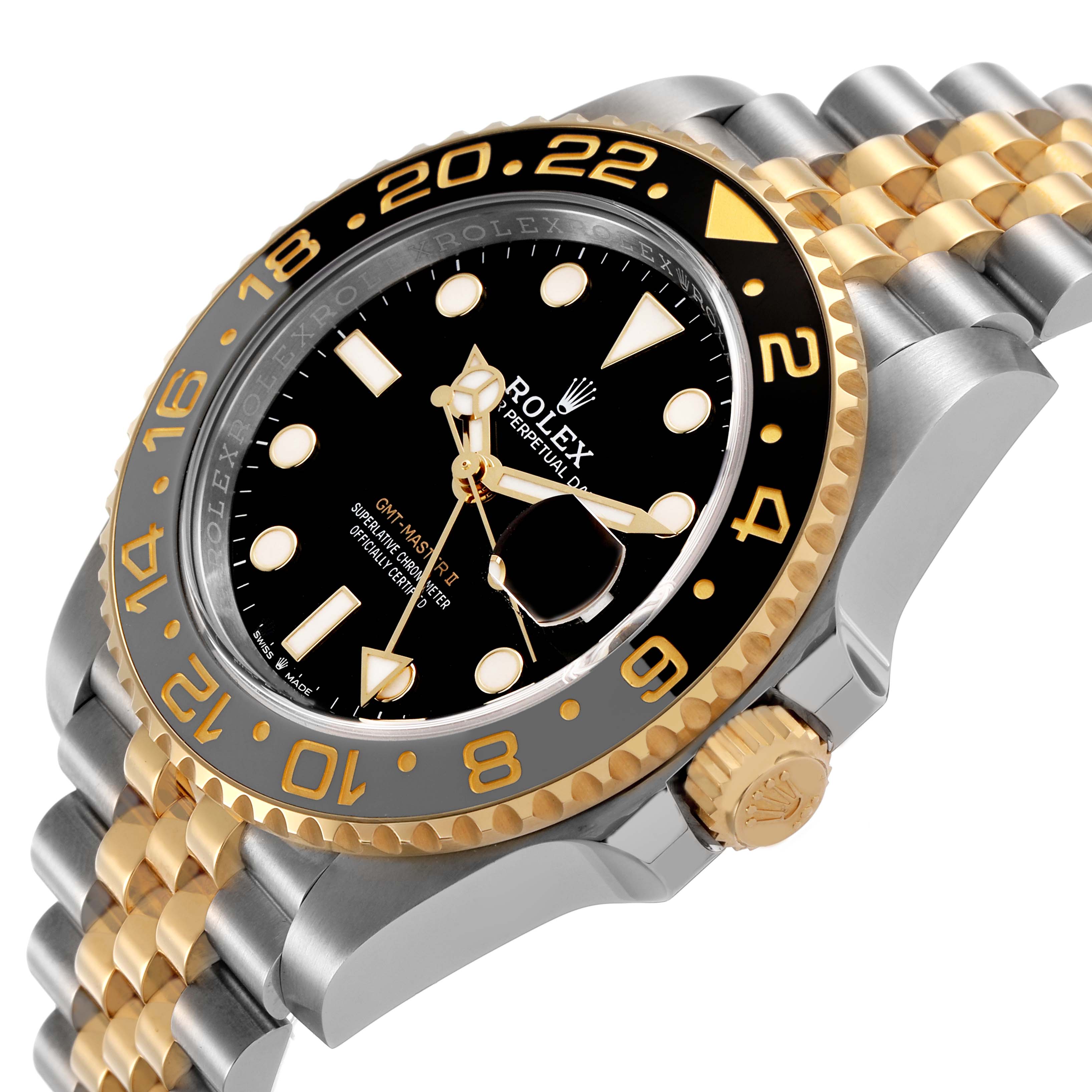 The image shows a side angle of the Rolex GMT-Master 126713GRNR Men's Steel and Gold (two tone) Black Dial, highlighting its bezel, dial, bracelet, and crown.