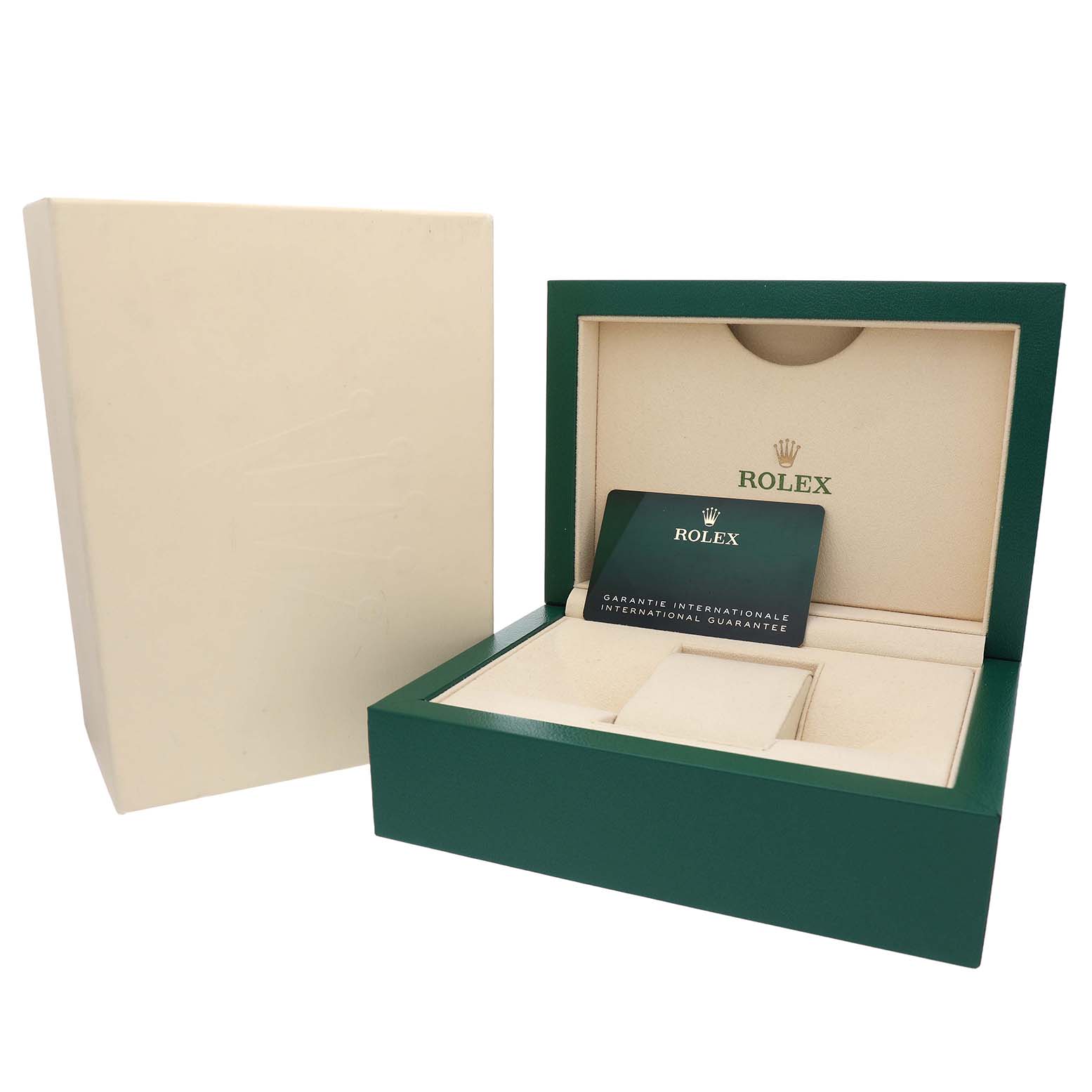 The image shows the open box of a Rolex GMT-Master 126713GRNR Men's Steel and Gold (two tone) Black Dial, including the green outer box and a guarantee card.