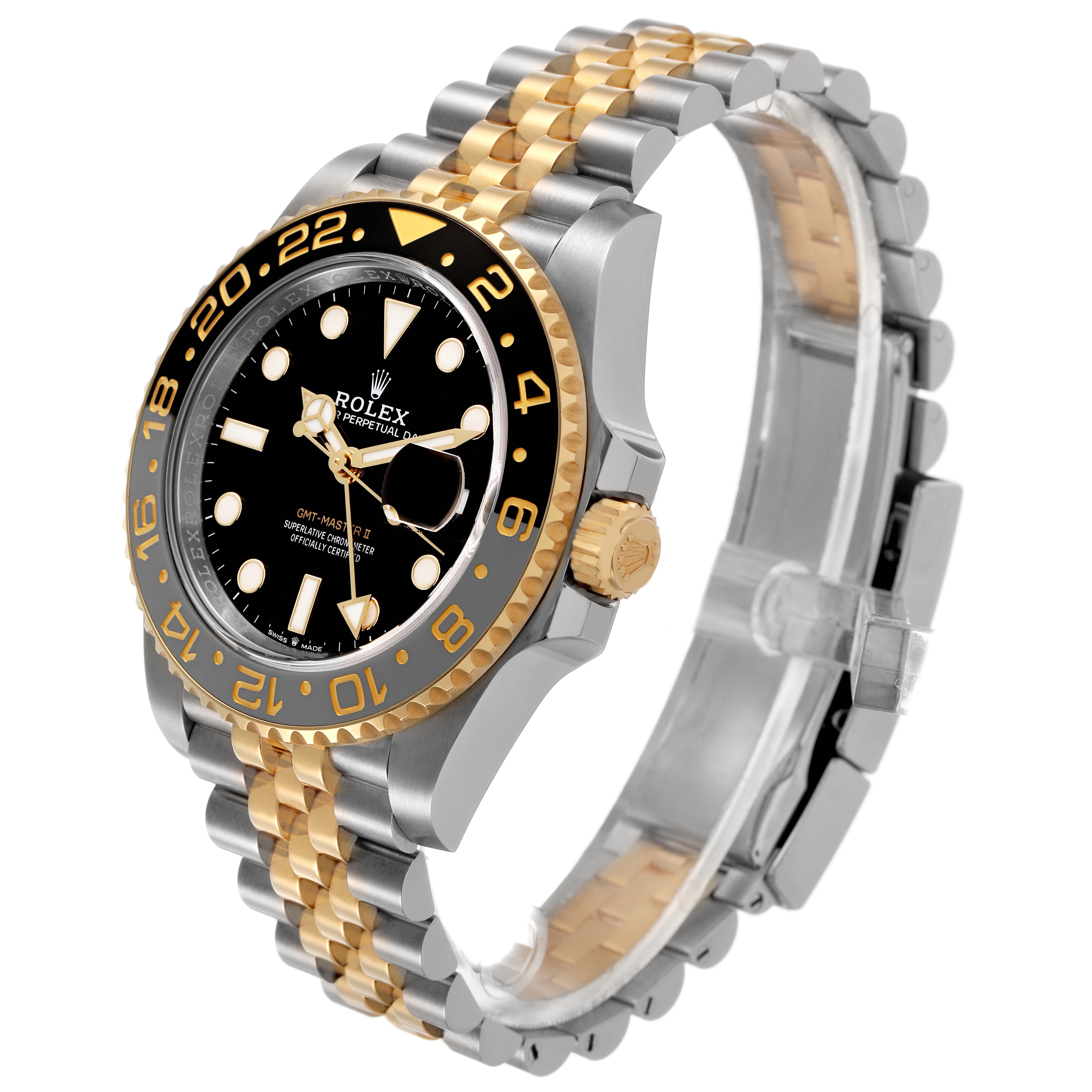 The Rolex GMT-Master 126713GRNR Men's Steel and Gold (two tone) Black Dial watch is shown at a slight angle, highlighting the bezel, face, crown, and two-tone bracelet.