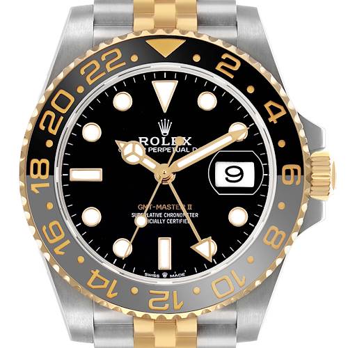 The Rolex GMT-Master 126713GRNR Men's Steel and Gold (two tone) Black Dial watch is shown from a front angle, displaying the bezel, dial, hands, and date window.
